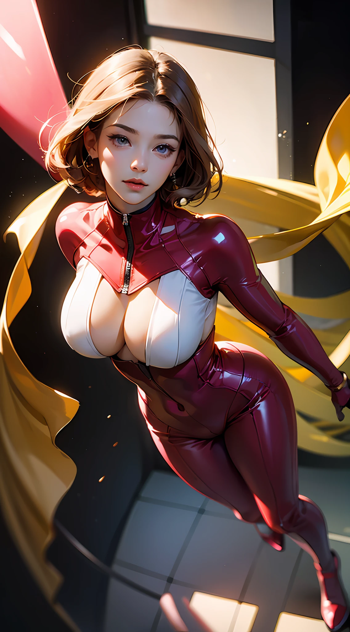 PM, (Magenta Pink Latex Suit:1), Golden Fringe Shorthair, Light brown eyes, 1girl in, 20yr old, Innocence, (Photorealsitic), (​masterpiece, :1.3),(top-quality:1.4), (超A high resolution:1.2), 超A high resolution, (A detailed eye), (detailed facial features), nffsw, 8K分辨率, (lensflare:0.7),Colossal tits、full body art