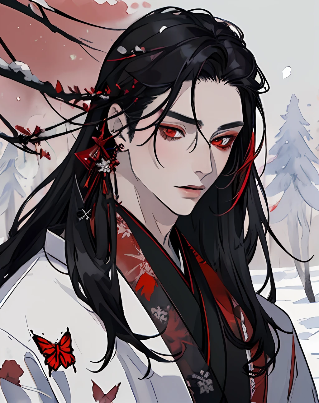 masterpiece, portrait, smoke, winter, snow, red and blck butterfly, snowy trees, watercolor, (((man))), kimono, red eyes, detaled eyes, black hair, long hair, perfect detailed face, night, attractive man, vampire, yoshiwara style, tabaco, pink skin, masculine, earrings, hair accesories,