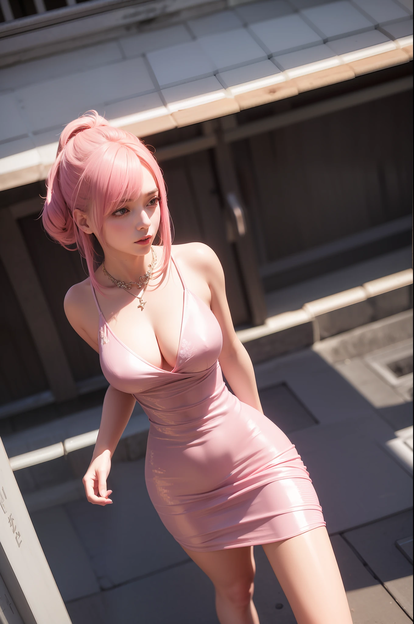 masterpiece, top quality, realistic, 1girl, walking in beijing, ((sexy tight dress, deep v-neck dress, open dress)), flashy necklace, thighs, f-cup breasts, dress view, (PureErosFace_V1:0.6), pink hair