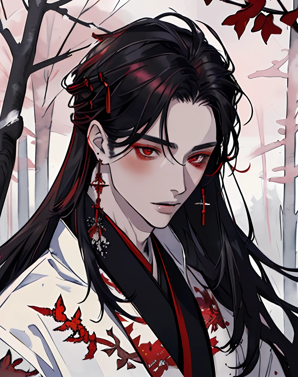 masterpiece, portrait, smoke, winter, snow, red and blck butterfly, snowy trees, watercolor, (((man))), kimono, red eyes, detaled eyes, black hair, long hair, perfect detailed face, night, attractive man, vampire, yoshiwara style, tabaco, pink skin, masculine, earrings, hair accesories,