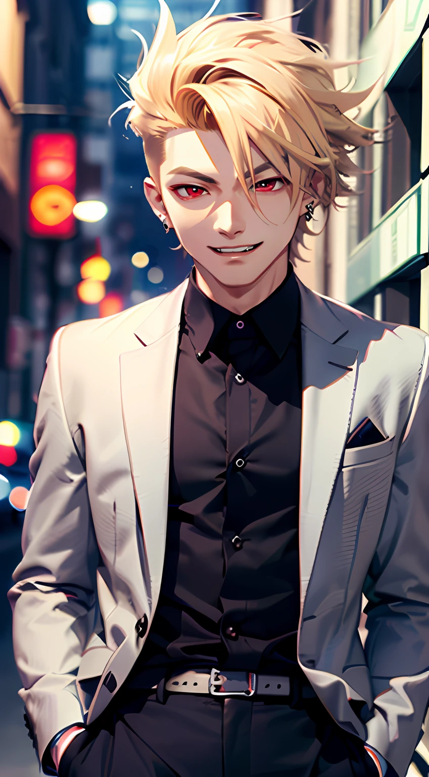 (top-quality:1.4、8K Super Detail CG Wallpapers)、(Cool young man、Blonde spiked hair with red eyes:1.2)、Suit and long trousers、piercings、Fashion Model Posing、Dark background
