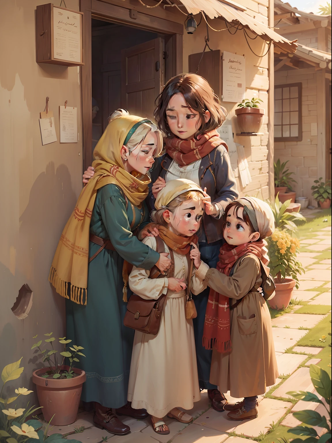 "Travel back in time to a rustic Arabic village, where an old and humble house stands as a witness to generations of family bonds. Inside, an elderly woman wearing scarf shares an embrace with her three grown children, their hearts connected by an unbreakable bond. The art style combines elements of impressionism and nostalgia, with soft brushstrokes and warm colors evoking a sense of tenderness and love. The camera captures a side view with a panoramic view, framing the family amidst the coziness of their home. The lighting is natural, with the golden hues of sunset infusing the scene with a serene and poetic ambiance. The artwork should be rendered with high resolution and attention to detail, capturing the essence of familial love and the timeless charm of the old house."