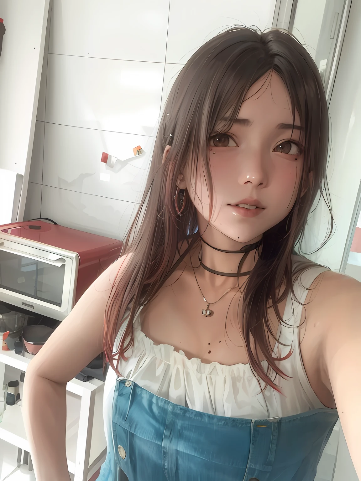 1girll,messy hair,red leotard,red tinted hair,Estilo de Makoto Shinkai,耳Nipple Ring,choker necklace,No moles,