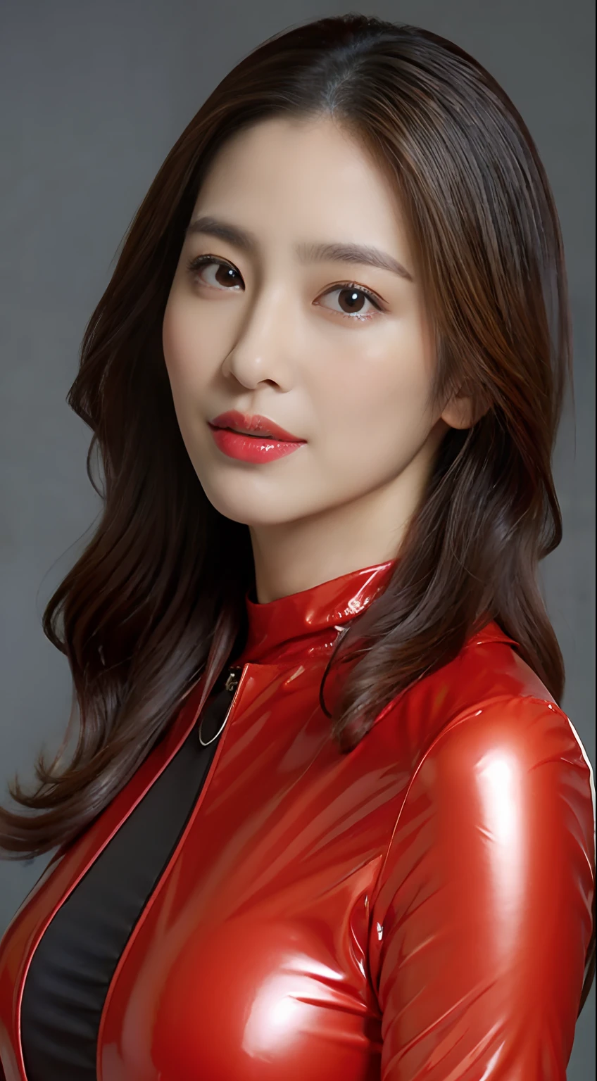 The highest image quality、超A high resolution、(真实感:1.4)、1girl in、beautiful countenance、Wearing a long-sleeved transparent latex rubber suit、red lipsticks