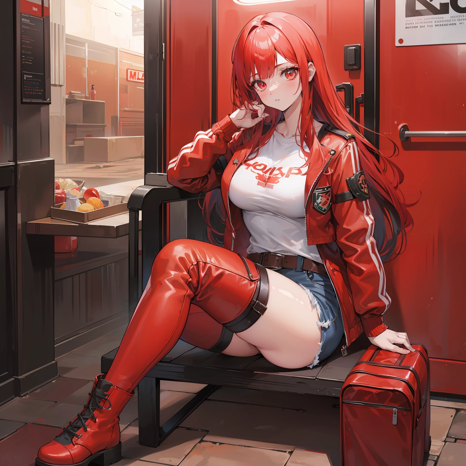 Mulher ruiva de casaco escuro, camisa de dentro vermelho detalhado, alta resolução, botas vermelhas, batom vermelho, 8k, hdr, estilo + free fire