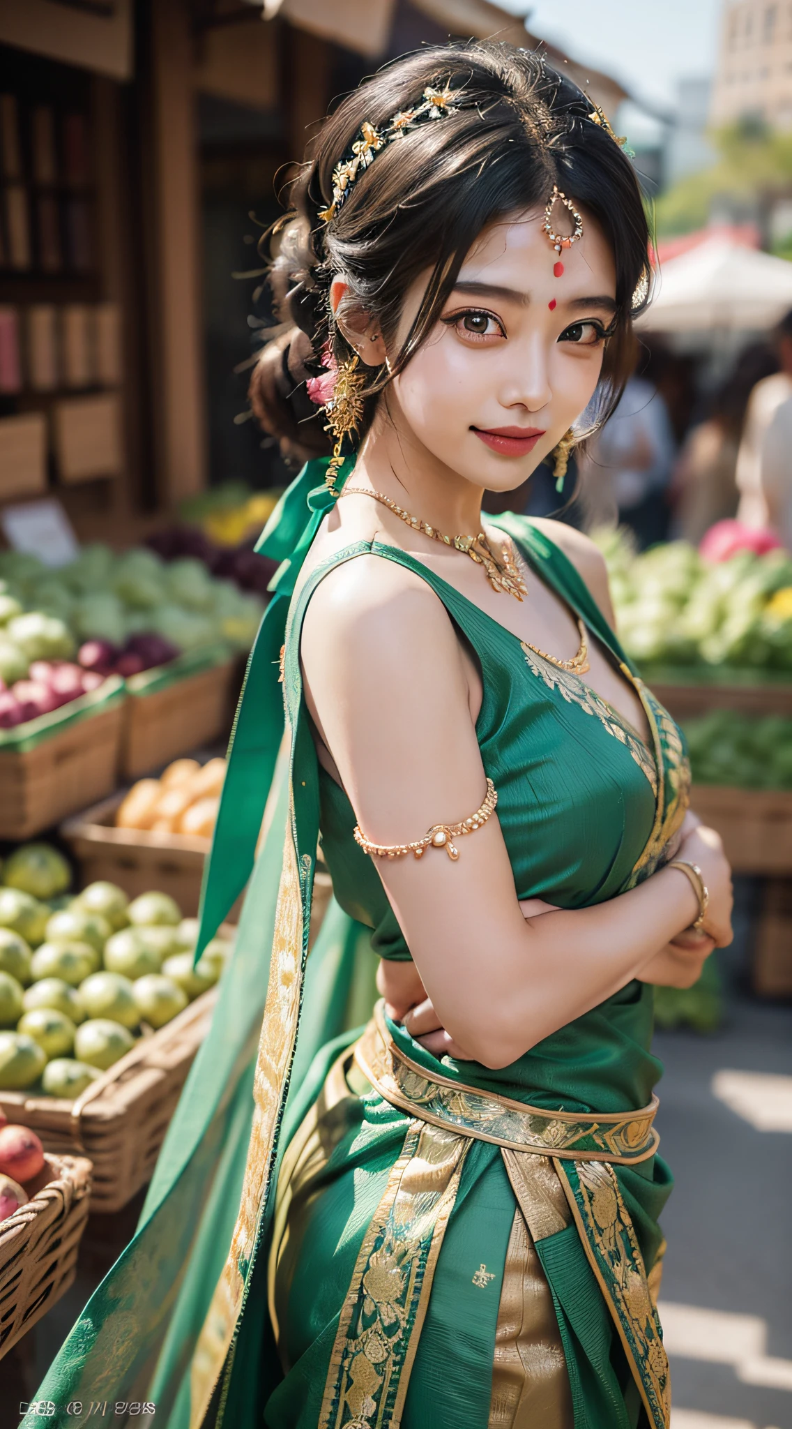 1 korean mannequin girl,Indian Female Fashion Mode,Dress up Sari,Happy expression,At the market,Backlight, very realistic, 10, insane details, intricate detailed, Beautifully graded colors,Color grading, Editorial Photography, shooting imaging,crisp focus, Shot with 60mm lens., ISO 300, F/4, 1/200