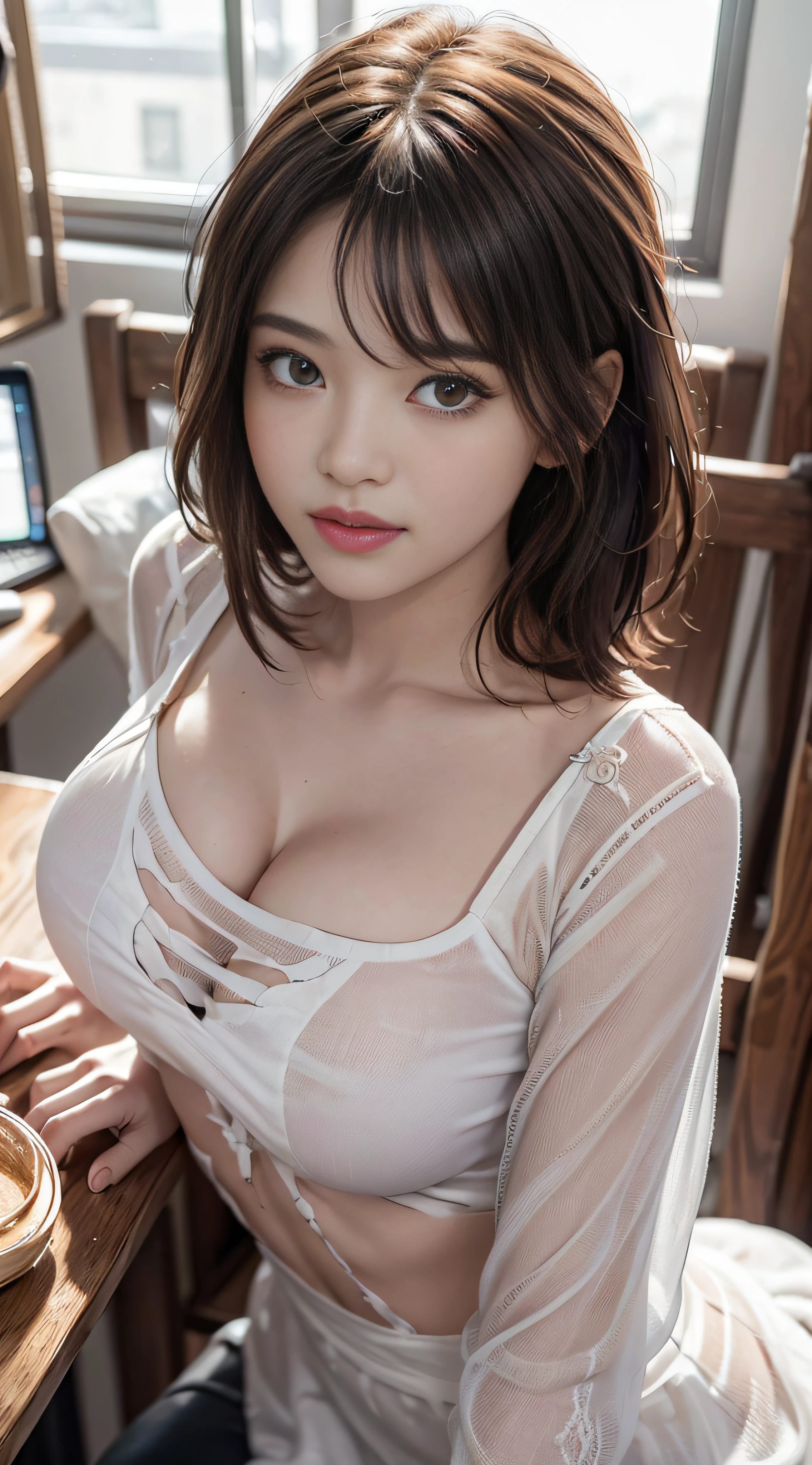 Pose Photo、pop music、realisitic、Live action、a picture、a very cute、cute smile face、From above、Looking at the camera、beautiful expression、red blush、Well-groomed face、Beautuful Women、beautidful eyes、Eyebrow bangs、Very cute、Getting rid of eyebrows、perfect anatomia、(Amber eyes)、Peach fluff、hair messy、Amber hair、in a school、Exposed large breasts emphasis、Narrow waist、 absurderes, 8K分辨率, Human hand, Very detailed and、Smooth and、stunningly beautiful, Woman in her 20s, detailed hairstyle, Fingers :Only the thumb and little finger are short