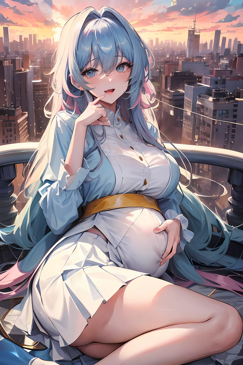 pregnant women with,wedding gown,Official fine art,tmasterpiece,Sharp focus,(Beautiful gorgeous lovely Korean women:1.3),(beautiful lovely Korean people:1.3),South Korean beauties,Delicate and beautiful hair and eyes and face,realisticlying,ultra - detailed,a beauty girl,blue-sky,Glowing white particles,(sidelighting:1.2),rays of sunshine,baiyun,Detailed clouds,Slender,Cute big breasts and big buttocks,Toothy laughter,((Laugh and open your eyes)),scenecy,Long straight hair, sexy facial expression, buliding, (cityscape:1.7), Dynamic hair, Long straight hair, Delicate platinum-pink hair, glow blue eyes, (blue pleated shirt+white skirt), long white socks, paleskin, hair adornments, epic landscapes,
