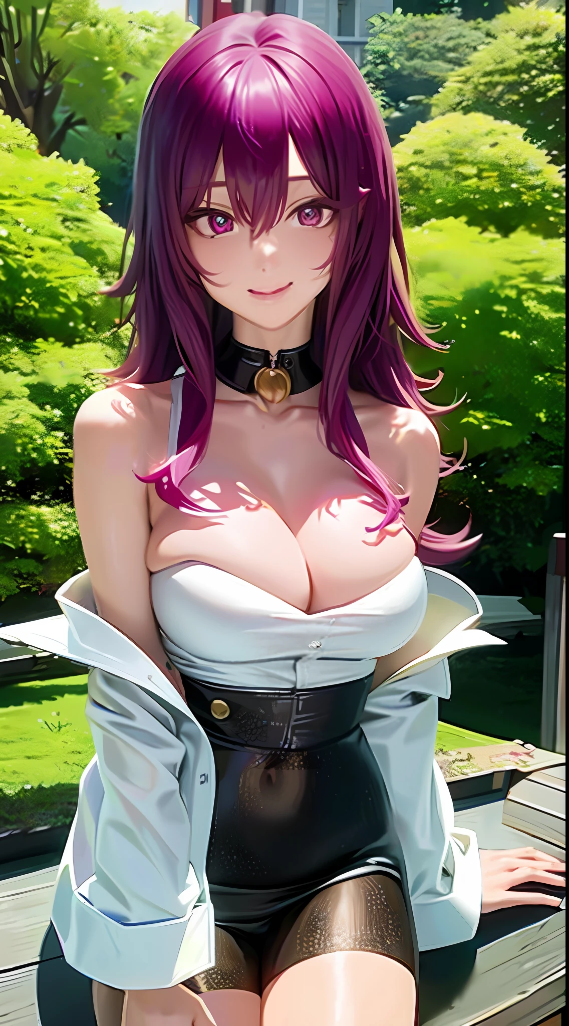 tmasterpiece, (best qualtiy), 1womanl, ,hamaoka_azusa, Purple colored hair, Purple eye, Medium hair, Sexy woman, 鎖骨 , best qualtiy , exposed bare shoulders, vivd colour , natural lightting , RTX,, big breasts beautiful, 8K UHD,