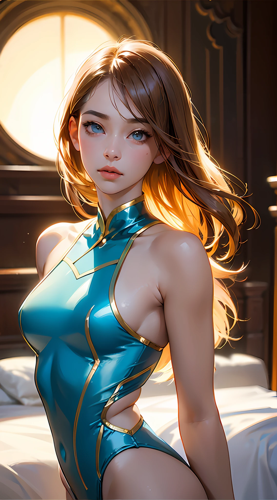 PM, (Light blue latex leotard swimsuit:1), Golden Fringe Shorthair, Light brown eyes, 1girl in, 20yr old, Innocence, (Photorealsitic), (masterpiece, :1.3),(top-quality:1.4), (超A high resolution:1.2), 超A high resolution, (A detailed eye), (detailed facial features), nffsw, 8K分辨率, (lensflare:0.7),Colossal tits