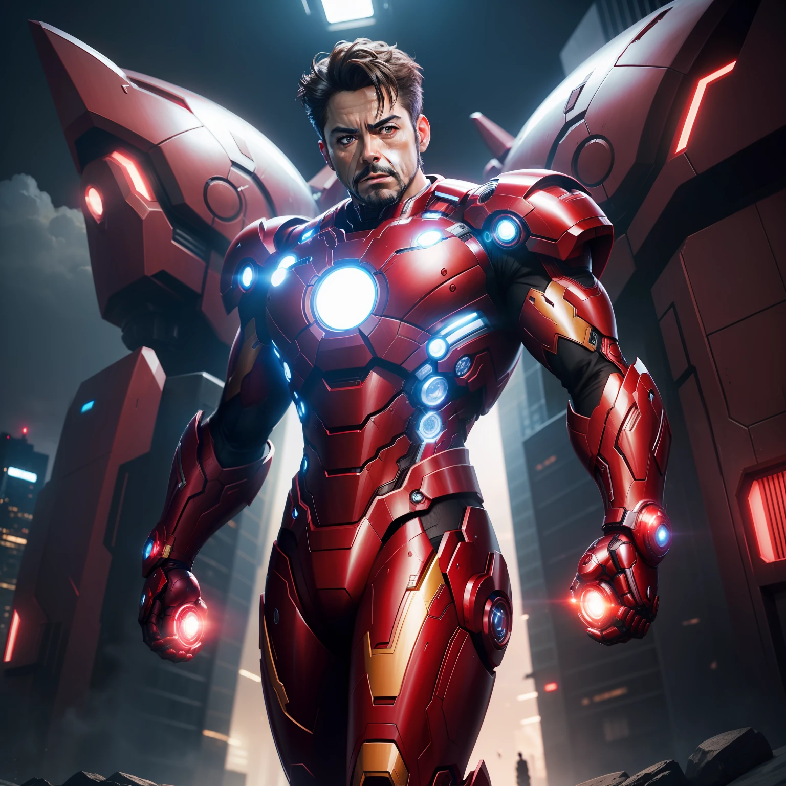 Masterpiece, best quality, tony stark in Black and red iron man suit, Red LED light on suit, Futuristic night city, Super hero landing pose, Tony stark, Amazing, realistic, 8K, futuristic theme, CG art, Cinematic lighting, Ultra detail,