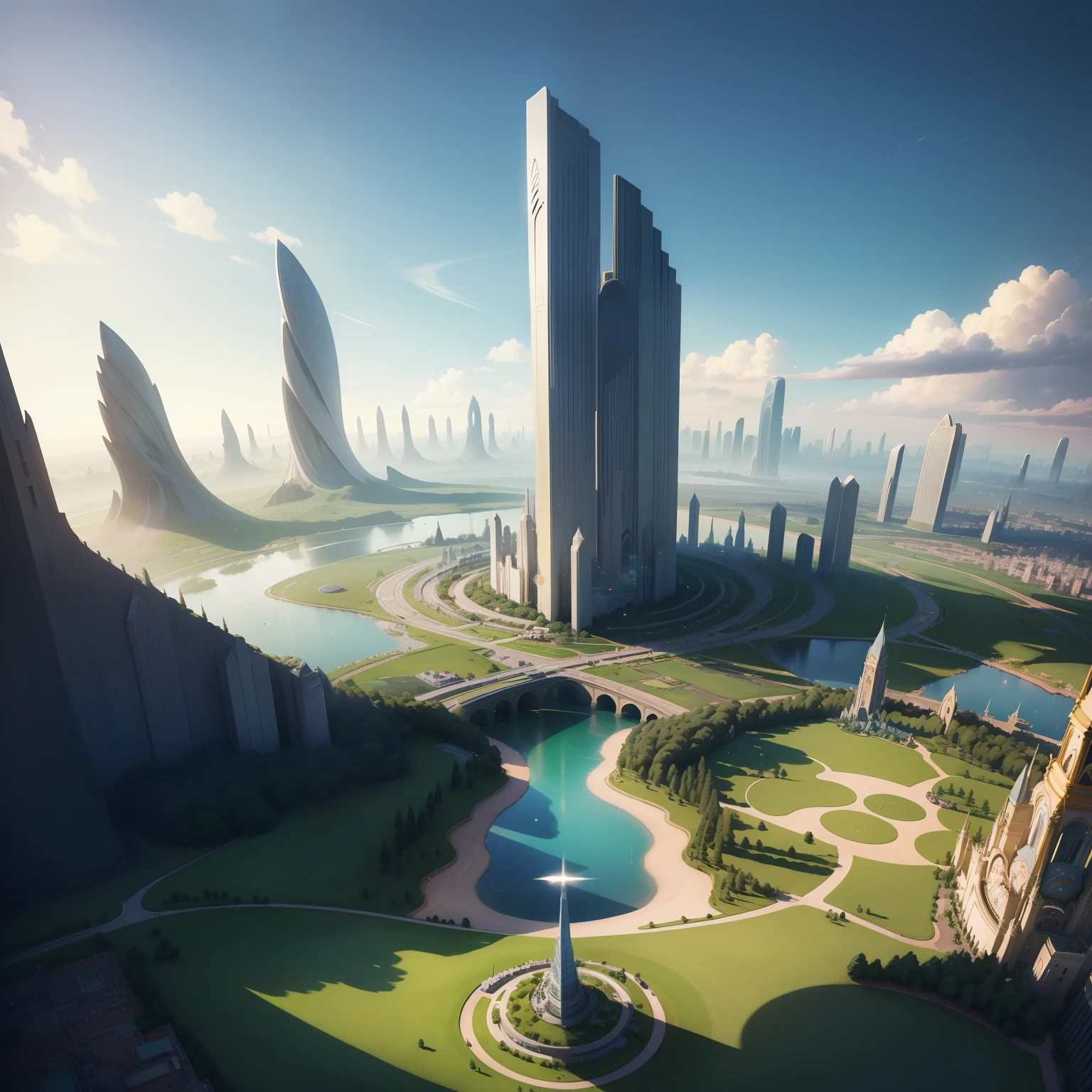 Tomorrowland、Low perspective、Open sky、Curvaceous skyscrapers、Geometry learned、Lush greenery in the foreground、Regular Placement Buildings、a plant、Low perspective、Garden City、Fine irregularities、monoliths、Atlantis City、Future、Rob Gonsalves and Tim White、realisticlying、Dramatic、Planet Cities、Utopian City、high-level image quality、grass field、flower garden、Fine irregularities、monoliths、in isekai、the golden hour、Rim Lighting、Warm tones、solar flare、Soft shadows、Hazy glow、realisticlying、Dramatic、planetes、utopian、high-level image quality、photorealisim、ighly detailed、Convoluted、high detal、