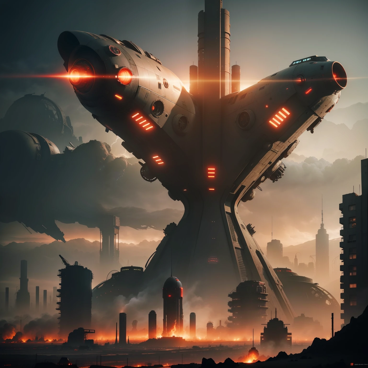 A wasteland-style spaceship, exploding in the air, black smoke from the engine, surrounded by a group of small red wasteland-style aircraft, with an abandoned ancient city in the background, towering industrial towers everywhere and some withered vegetation, storm-swept, foggy, low-saturation, cinematic, Unreal Engine, trending on artstation