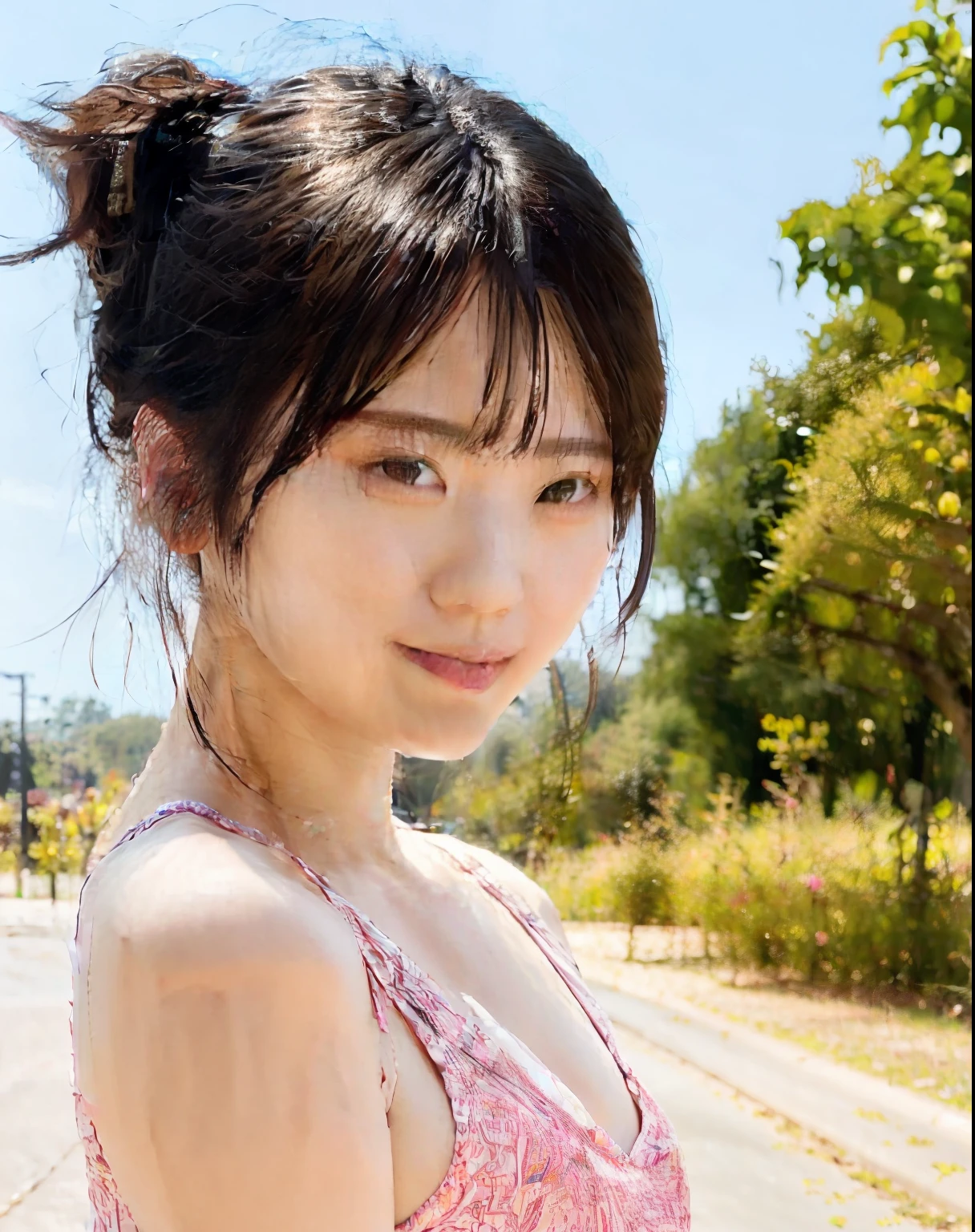 ((hightquality))、((masterpiece))、8k、Woman posing on street corner、top-quality、女の子 1 a person、lunch、Will、with light glowing、Blur background、bokeh dof、outside of house、(street:0.8)、(a person々、crowd:1)、sleeveless dress、Casual clothing、a gorgeous(short-hair、forehead:1.2)、Beautiful sky with details、耳Nipple Ring、(dynamicposes:1.2)、 (The upper part of the body:0.8)、Soft lighting、the wind、glowy skin、a smile、((Realistis:1.8))、From chest to face