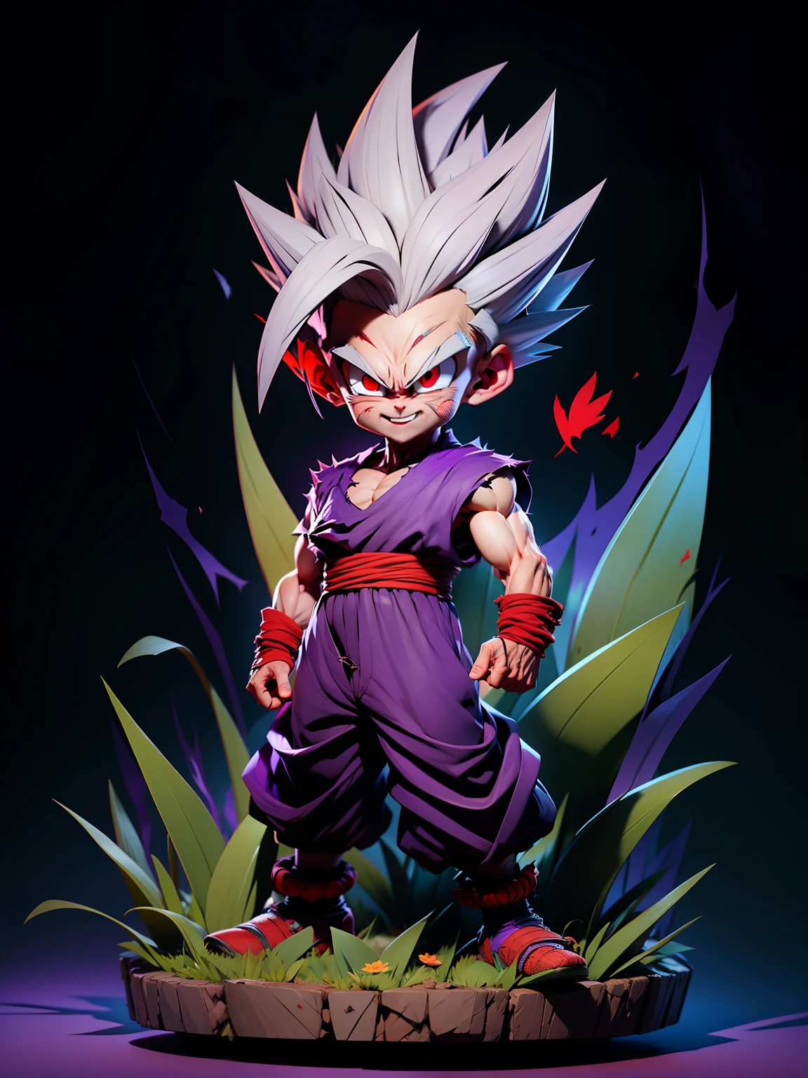 masterpiece, best quality, ultra-detailed, Adult Gohan 1boy, solo, Full body, evil smile, grey hair, spiked hair, (((red eyes))), (((perfect eyes))), (((PURPLE dougi))), full body, looking at viewer, male focus, open fields, cracked ground, grass, perfect hands . Cute, chibi,