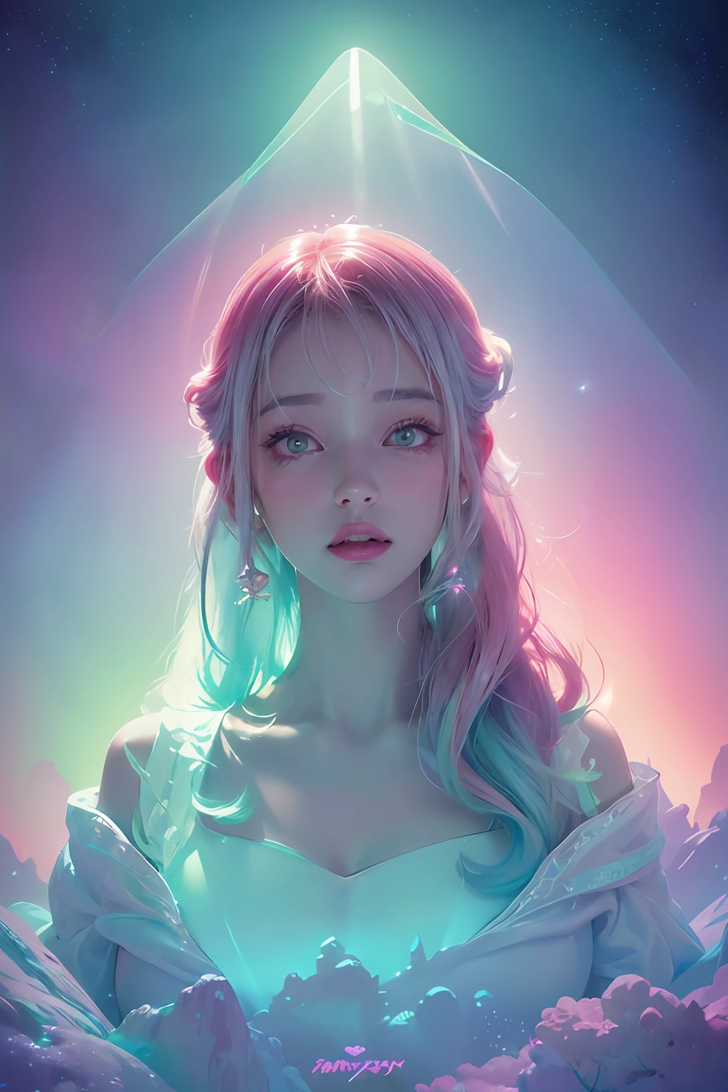 (fluorescent colors:1.4),(translucent:1.4),(retro filters:1.4), (fantasy:1.4), candy world Disney land ethereal soft fluffy soft landscape forest snowavatar Pastel pink sky green blue sparkle ethereal light pastel whimsical light rainbow stars diamonds sparkle gemstone background hyper realistic Ultra quality cinematic lighting immense detail Full hd painting Well lit,