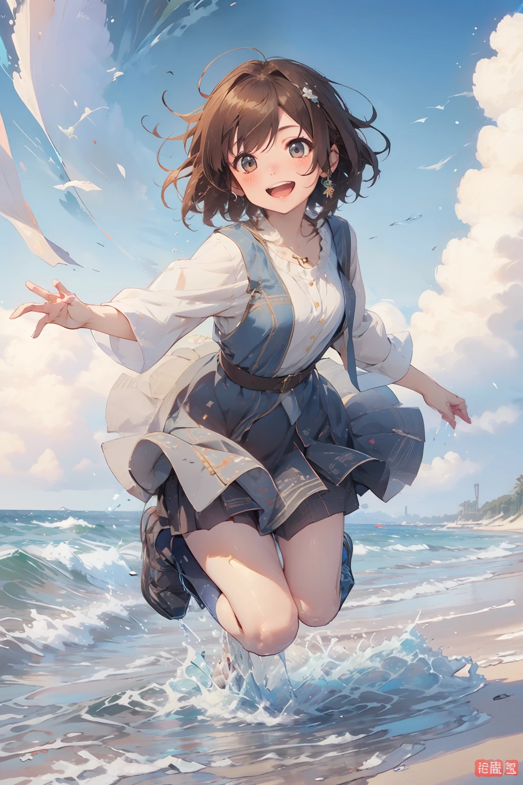 girl with、10 talents、Scooping and throwing sea water、Happy look、brown haired、short-hair、a smile、Mouth open、Does not draw tongue、​masterpiece、top-quality、beautiful countenance、detail portrayal、fullllbody, long focal、Composition with depth、