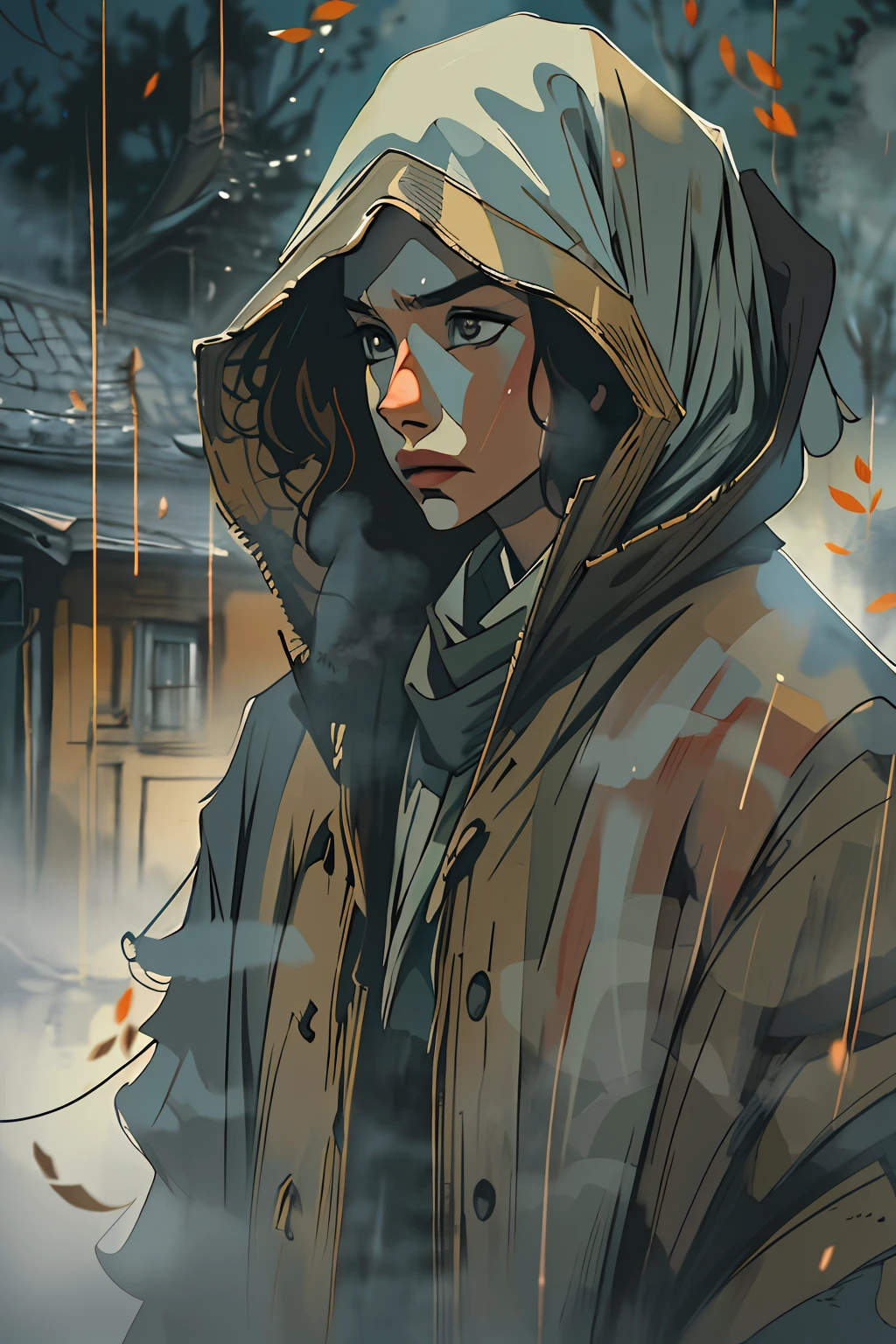 Computer Imaging, watercolor drawing, handsome girl, in full height, terror, roto, warped, The Old House, mist, Smoke, dust, woods, detailed skin, Matte skin, soft-lighting, sub-surface Scattering, Realistic, Heavy shadow, Masterpiece, Best Quality, ultra realistis, 8K, the golden ratio, Intricate, high detail, Film photography, soft focus, Lonely girl in a raincoat with a hood on her head, An old scarf, wrapped around the headDetailed appearance, Четкость 8 K, A huge loose rope weighs in front, In his hands, He's holding a huge rope, A whirlwind of leaves beneath your feet, BREAK , Illustrate a monochromatic world, Use only shades of black, White & gris, To convey depth, Emotions and striking visual impact. Landscapes."street fighter", in the style of 0MIB, many people, Junji Ito's slums, tmasterpiece, extra high resolution, hiquality, 电影灯光