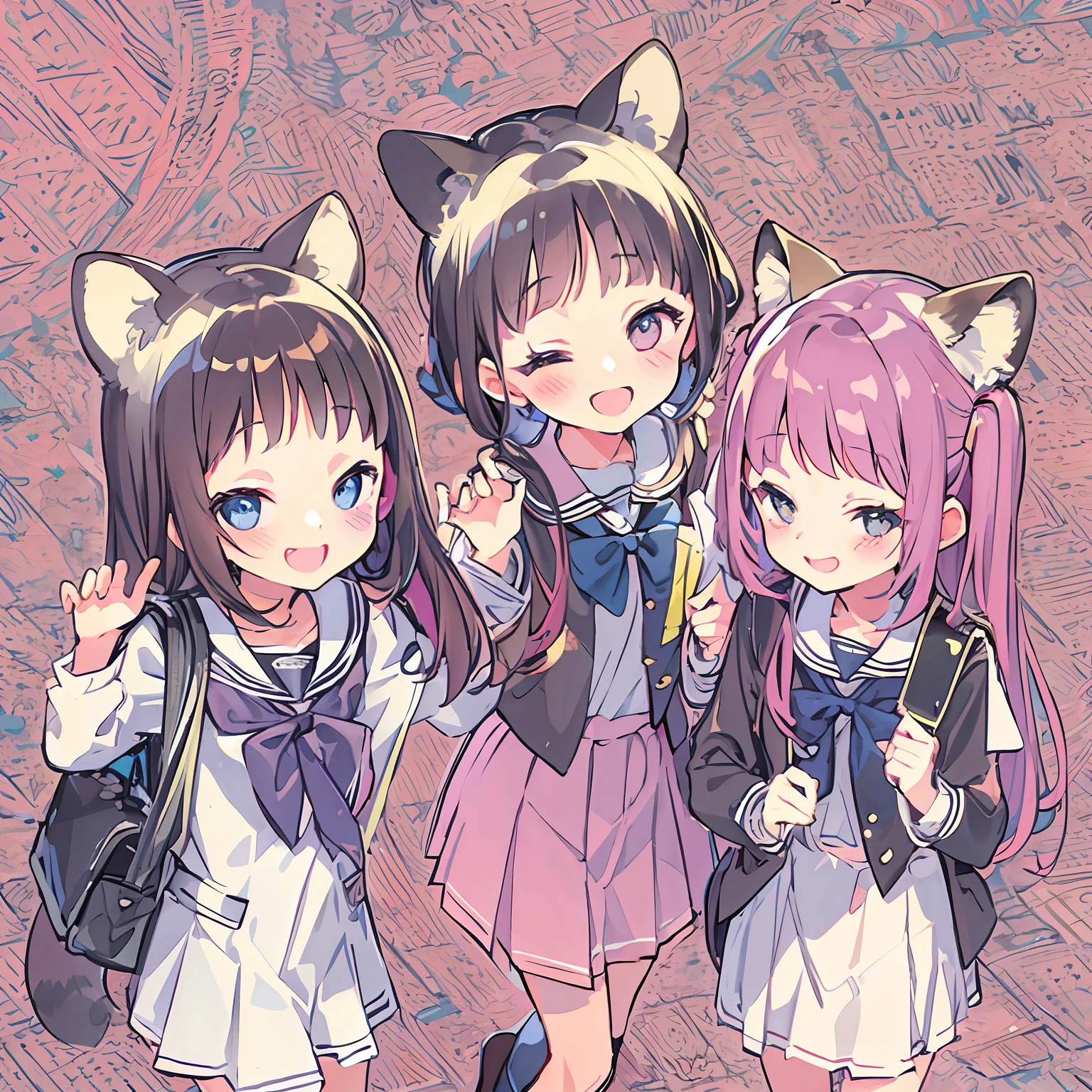 Top image quality, Little raccoon eared girl Smiling face happily School Uniforms sisterhood Ad styles