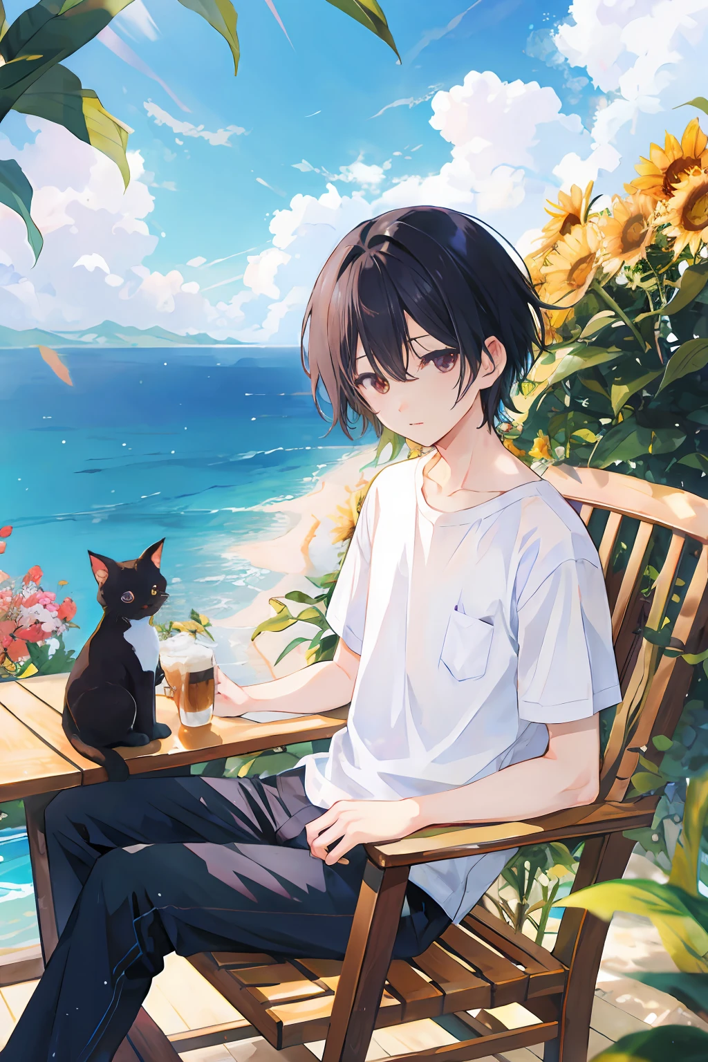 Sunny days、With one cat、On a very high hill with a view of the sea、While sitting in a rocking chair、Wearing a white shirt and black pants、Brew coffee while looking at the sea、One man with black hair and eight heads。