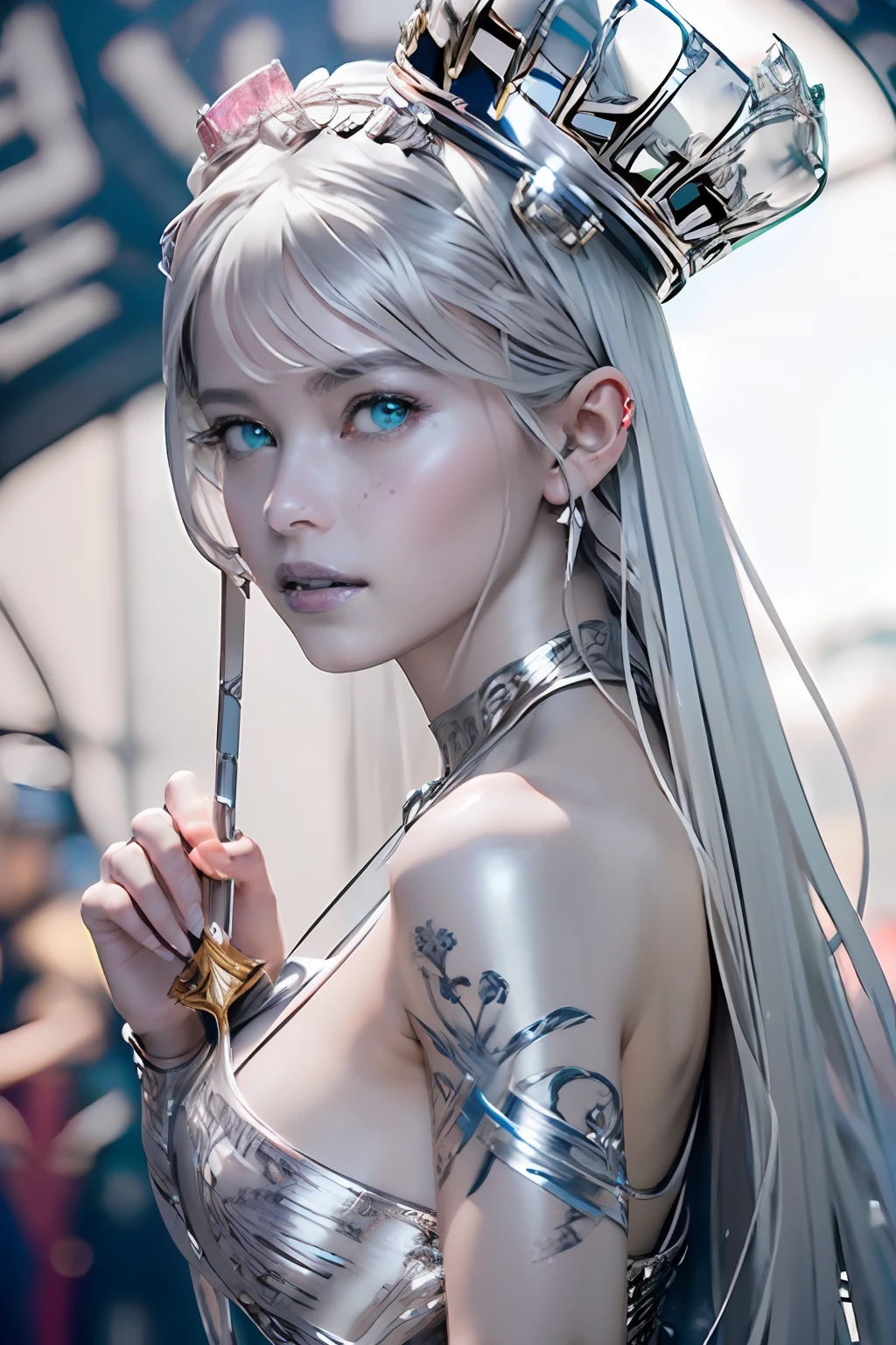 Ultra-detailed complex 3D rendering of the face, (masterpiece, top quality, octane rendering,), glamour shots full body image, very beautiful young elves, cleavage, (highly detailed skin: 1.2), (exposure: 1.1), ((blue micro bikini: 1.95)))). , 8k, (((very soft breasts)), (((conspicuous large pink ??????)), beautiful Caucasian woman with white skin with full soft breasts with big buttocks, one, long braided hair, big breasts, dynamic angles, (((huge breasts: 2.4)), ultra-realistic photos, ((((((silver hair)))), futuristic urban background, facial muscles, (((((detailed and glamorous silver crown)))), In the style of Marvel Comics, ArtStation Trends, Clear Focus, Intricate Details, Very Detailed, Detailed Green Eyes, Sharp Focus, Digital Rendering, Professional, Abs, Lip Gloss, Glossy Skin, Sexy Pose, Golden Tattoo All Over Body, Silver Pattern All Over Body, Silver Lame Skin, Gold Glitter Skin, Mansuji, Buttocks, Jeweled All Over the Body, with silver scales, silver hair,
