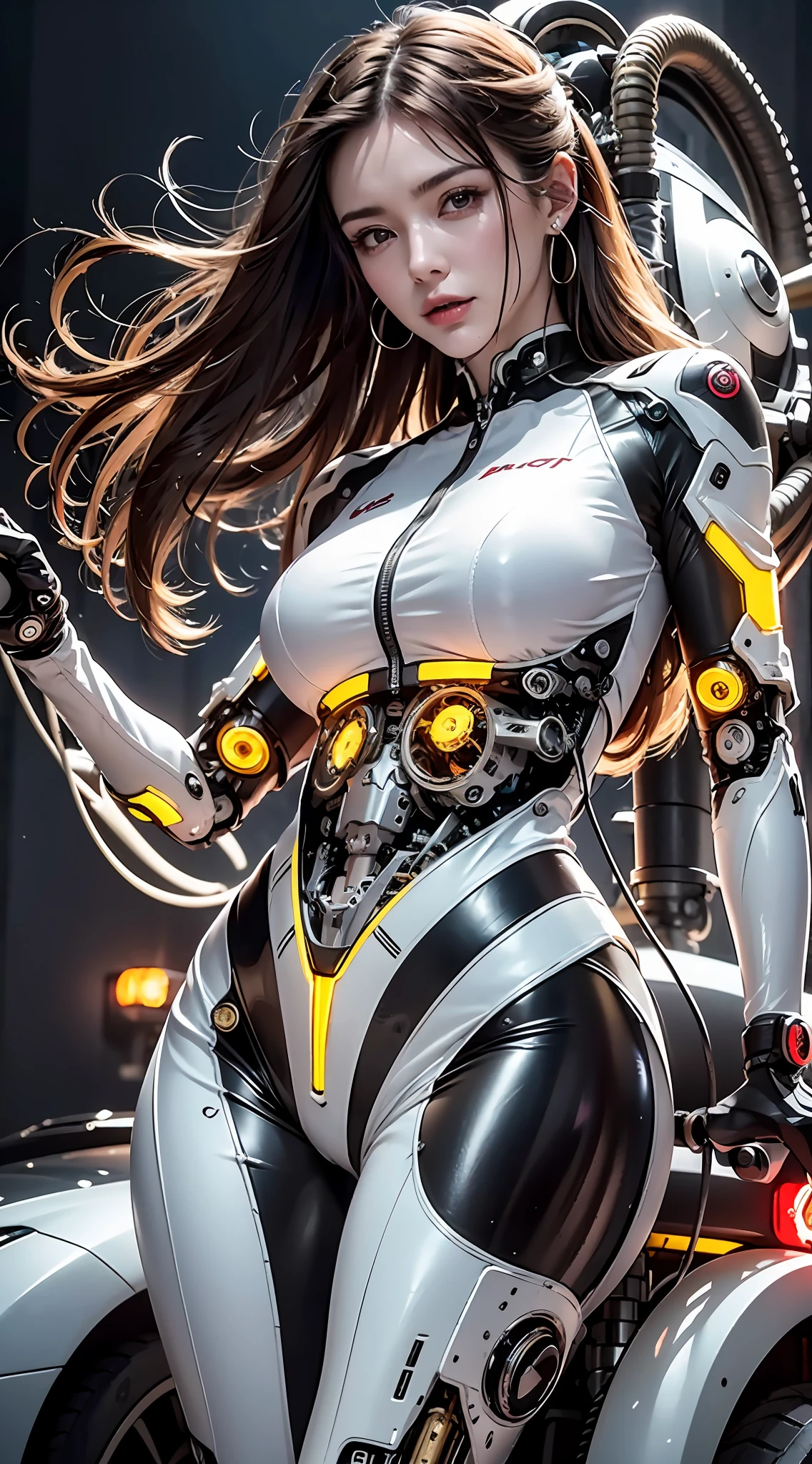 best qualtiy, tmasterpiece, Ultra-high resolution, Rendered with camera-like realism, real photograph,(((( A mechanical girl)))),((Solo)),(((full bodyesbian))),((Perfect facial features,delicated face)),((Clean face)),((There is nothing else on the face)), highly realistically detailed, Panoramic lighting effects, Fine and accurate shading representation, rendering by octane, 8K分辨率, Reveal vivid skin details, Representation of metallic materials, Depicting vacuum tubes、Liquid tubes、oil pressure gauges、glass tubes、Simulate details such as meters, Highlight the details and movement of gears, The performance of gold hydraulic cylinders, realism light effect, Face the audience's gaze, Depict neon details in detail, Mechanized body parts, The mechanized spine is attached to the back, Mechanical attachment attached to the neck,