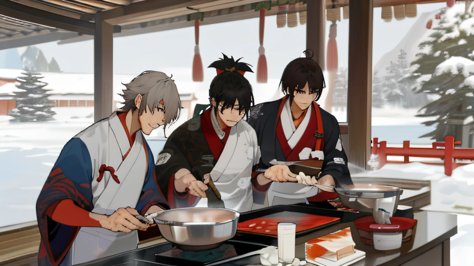 Three young men cooking in a pot in the snow, official fanart, sengoku - era art style, by Yang J, Guviz-style artwork, High-quality fanart, comic strip, (3 are winter, Guviz, Official illustration, Official artwork, handsome guy in demon killer art, from three kingdoms, offcial art, Cooking