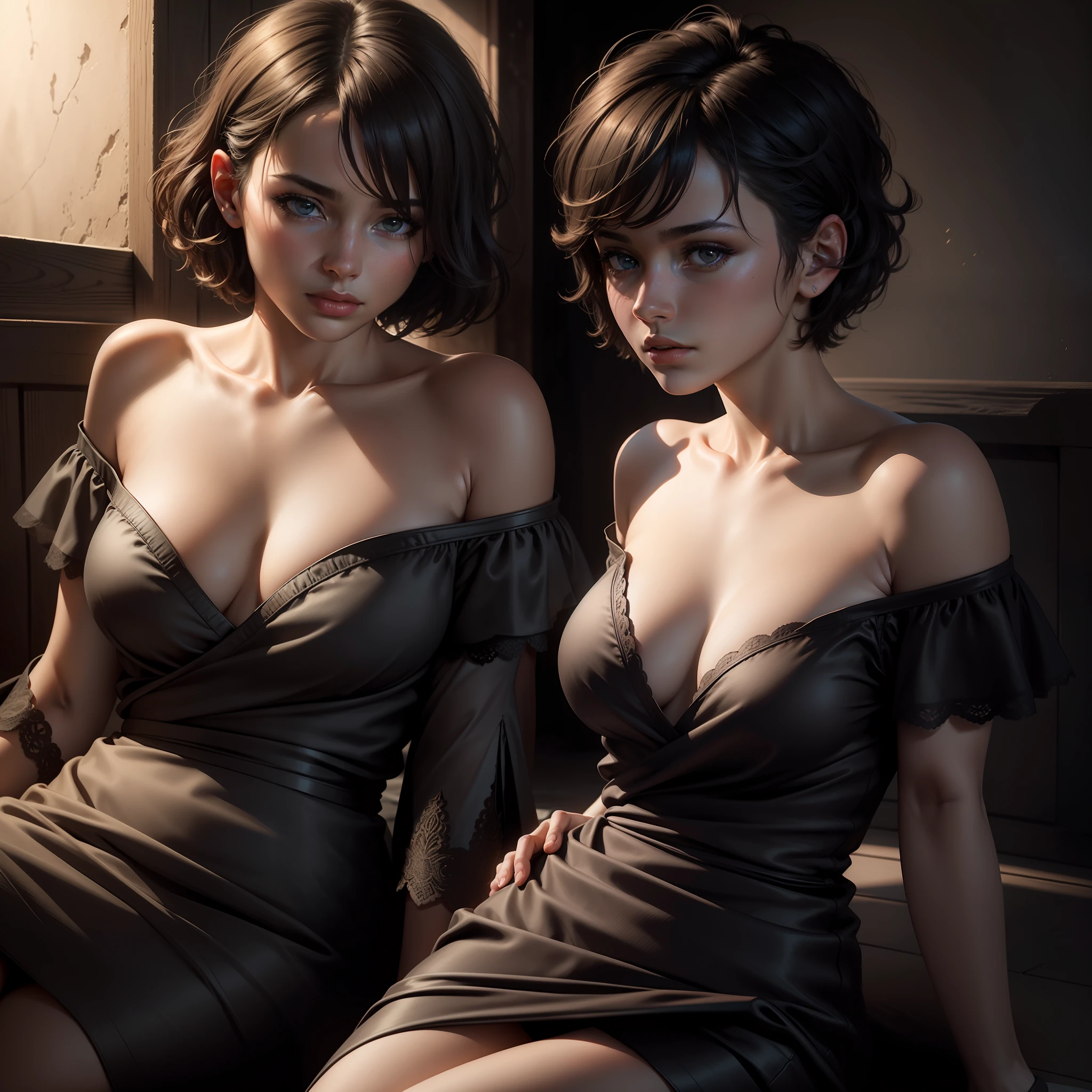 Best quality, masterpiece, ultra high res, (photorealistic:1.5), raw photo, 1girl, offshoulder, in the dark, deep shadow, low key, cold light, sexy look, short hair