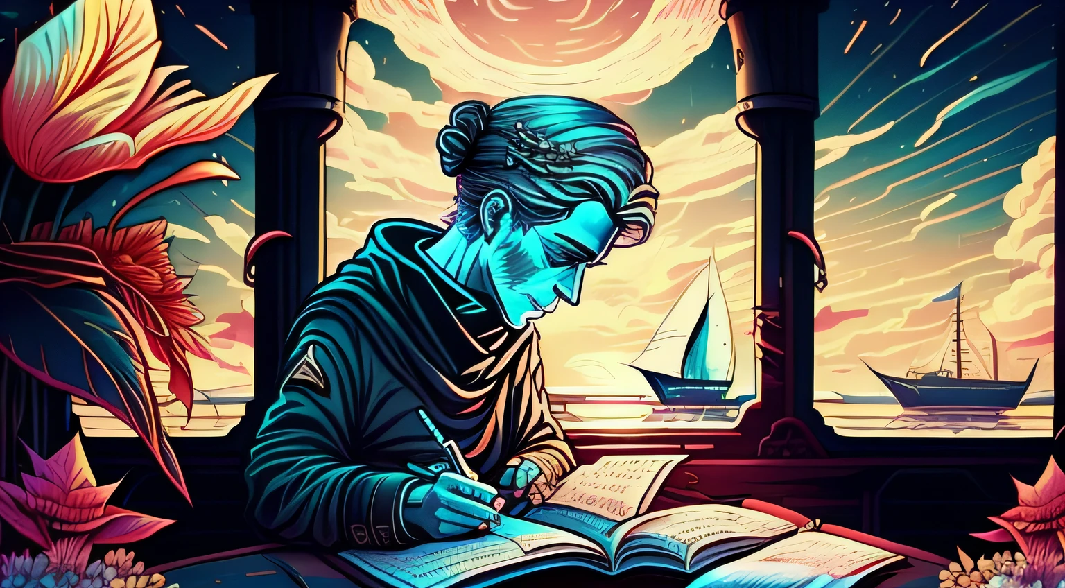 A stoic sage penning thoughts in a ship's logbook.