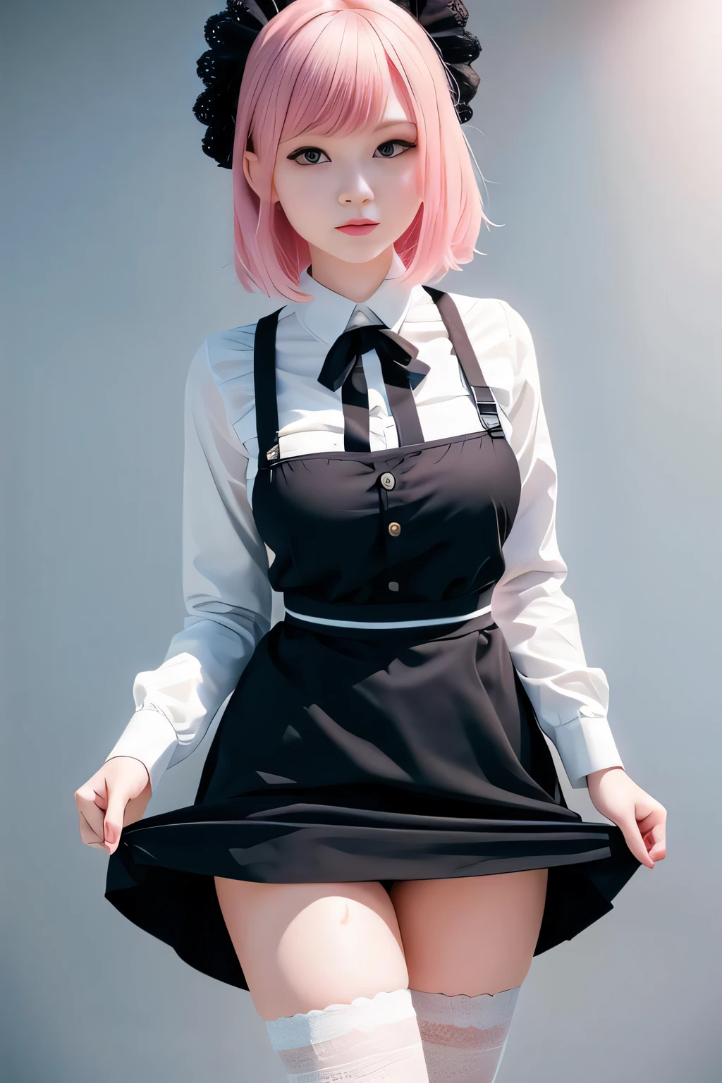 1girl, apron_lift, black_footwear, black_panties, clothes_lift, curtsey, dress_lift, full_body, lifted_by_self, maid, maid_headdress, panties, pink_hair, realistic, shoes, short_hair, side-tie_panties, skirt, skirt_hold, skirt_lift, solo, thighhighs, underwear, white_legwear,(masterpiece),(photorealistic:1.3), nfsw, ultra-detailed, (high detailed skin:1.2),(best quality:1.0), (ultra highres:1.0)