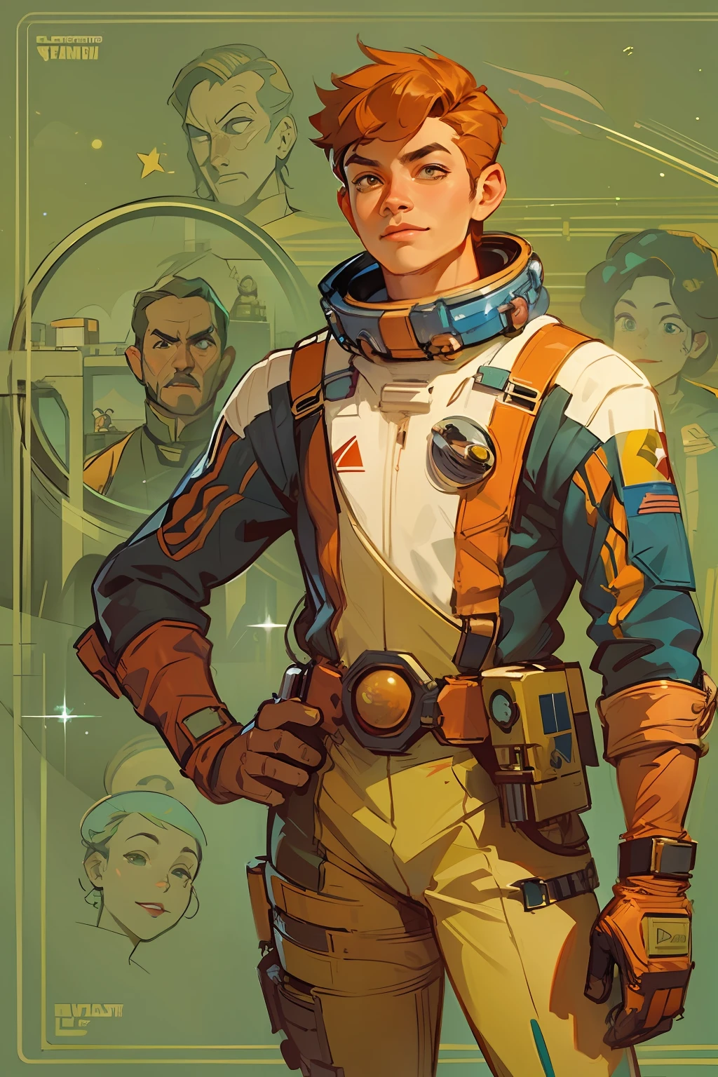 full body, space western, star wars, star trek, Guardians of the Galaxy, Treasure Planet, space peter pan, young man, tanned skin, ginger, smug, soft smile, adventurous, space pilot, fashion space suit, retrofuturism, atompunk, space opera, character design