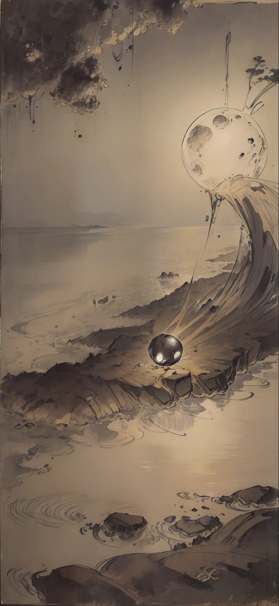 Dark Japanese Ancient Canvas Sketch of a spherical pitch black bubbly mass floating on a beach with islands in the sea, moonlight, dark cloudy atmosphere.