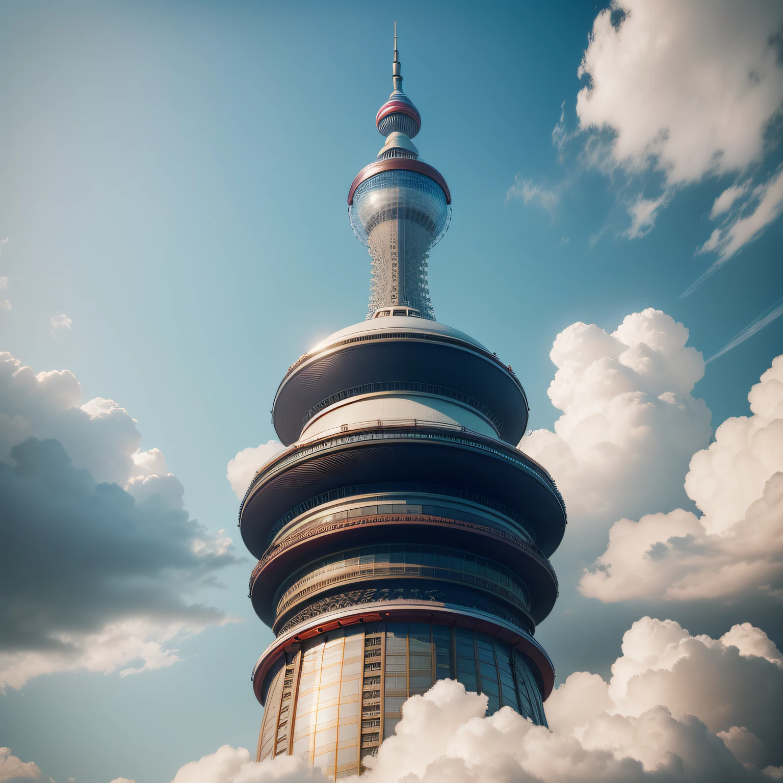 Oriental Pearl Tower,1:1,Super meticulous,Realiy,8k,cinematic ligh,the detail,scenecy,Ray traching,Oriental Pearl Tower under clear blue sky and white clouds,Reality restoration,Details down to each piece of glass