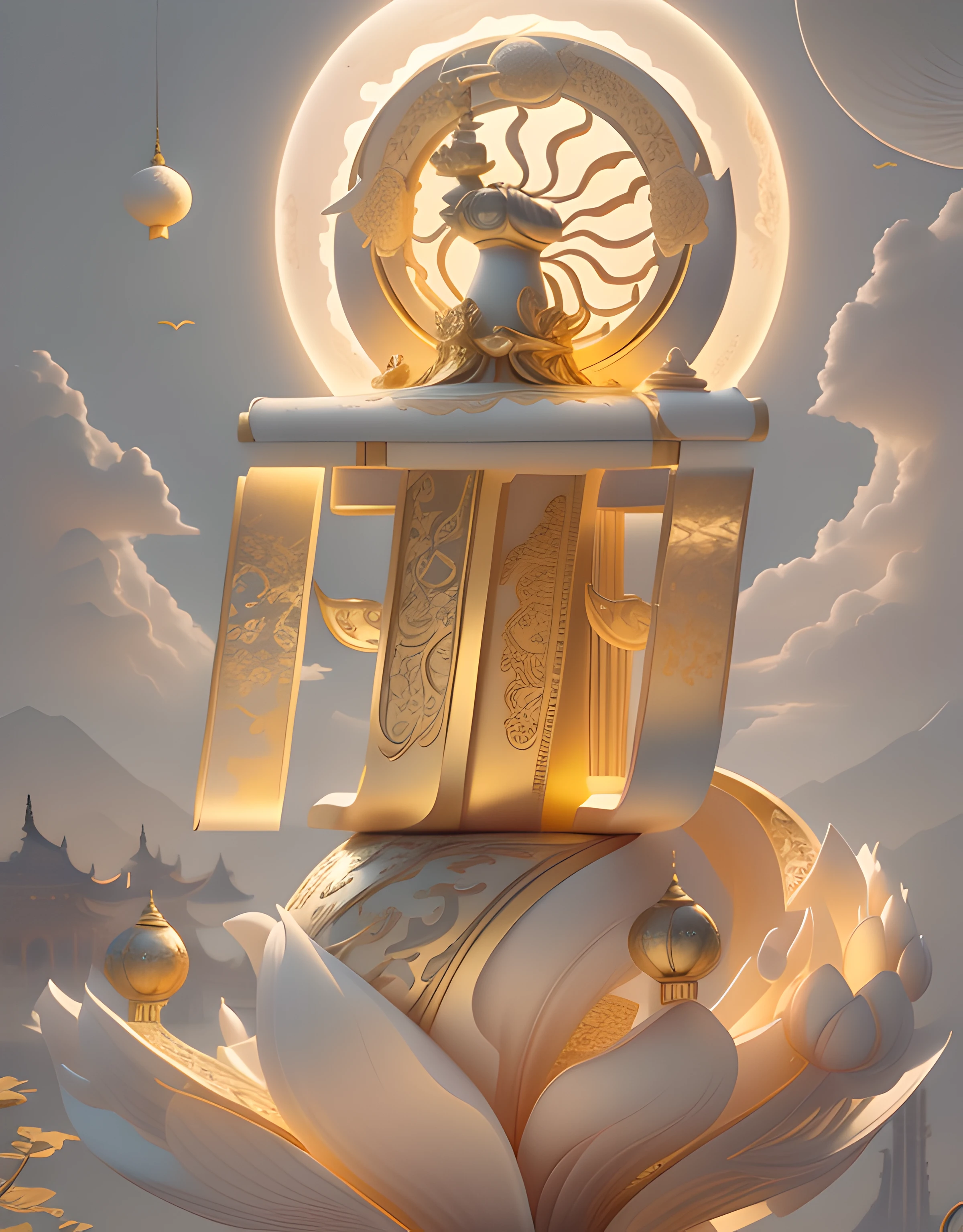 American character at the top of the background,simple backgound(Santan Seal Moon,Leifeng Tower,West lake,lotuses),ultra - detailed,high qulity,filmposter, Ray traching,Beautiful Chinese style,Golden curves