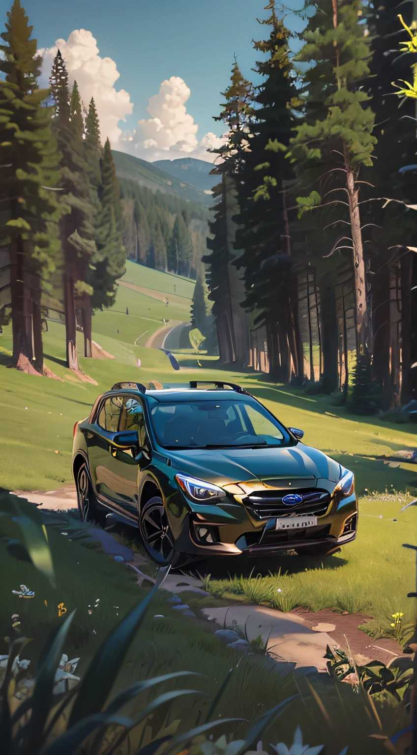 Subaru drives on grass in the woods, hyperrealistic”, ultra realistic”, environmental shot, subtle detailing, subaru, hyperrealistic”, hyperrealistic ”, photo mid shot, scenic full shot, ultra realistic”, ultra realistic”, cover shot, super realistic”, ca, a wide full shot,Three-quarters right