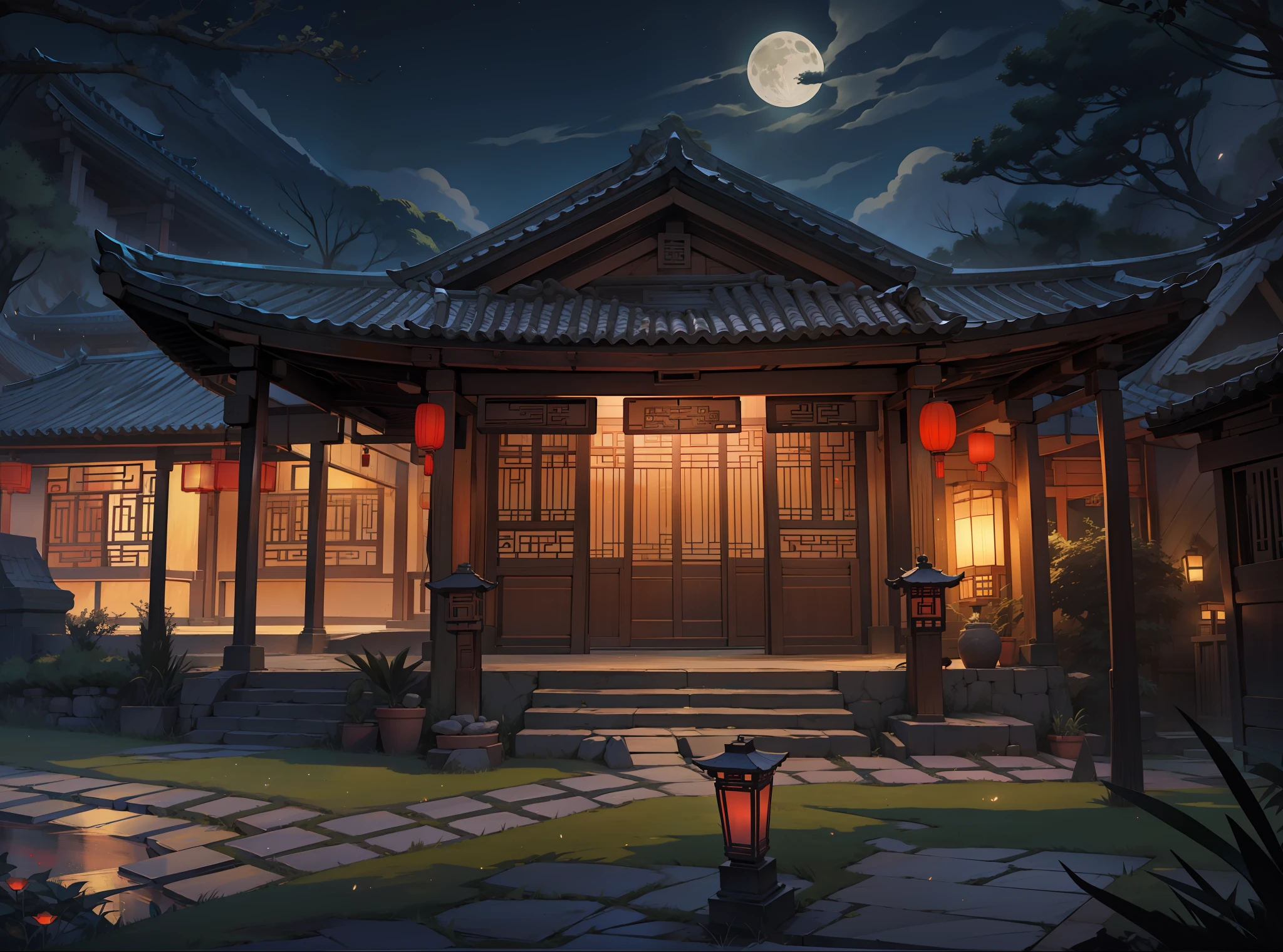 Manhwa Style，Two-dimensional painting style，Heads-up view，natta，Ancient yard，There are trees in the yard，A flash of black shadow，There are no lights，Dark， Ancient Chinese background，the night，Ancient Chinese houses，themoon， the trees，，Bluestone path，Lanterns，light particules，glowworm，the night：1.5，themoon，As estrelas，tmasterpiece， super detailing， Epic composition， hyper HD， high qulity， extremely detaile， offcial art， 统一 8k 壁纸， super detailing