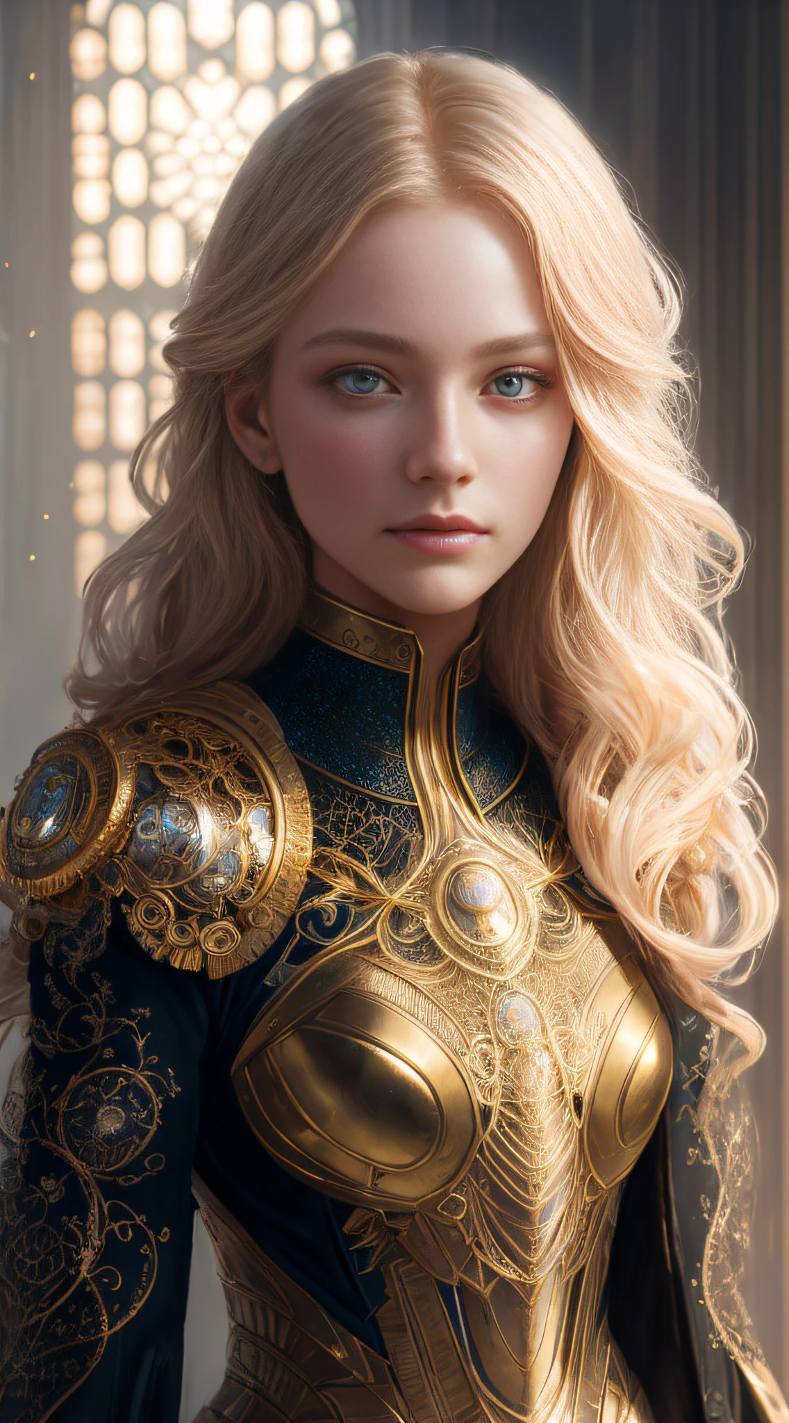 Portrait of a beautiful cyborg with 8k golden hair, intricate, elegant, finely detailed, majestic, digital photography, artgerm and the work of Ruan Jia and Greg Rutkowski, surreal painting, filigree, broken glass, (masterpiece, Side light, fine and beautiful eyes: 1.2), HDR