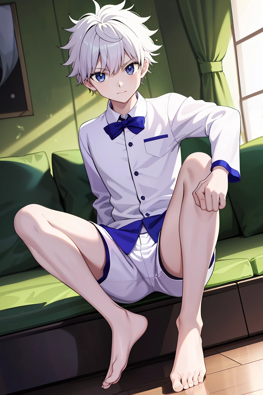 masterpiece, best quality, high quality, 1boy, solo, male focus, looking at viewer, full body, tsuna yoshi, wearing satin pajamas shorts, the material of satin pajamas is shiny, soft and smooth to the touch, no underwear,bulge 2.0, open legs