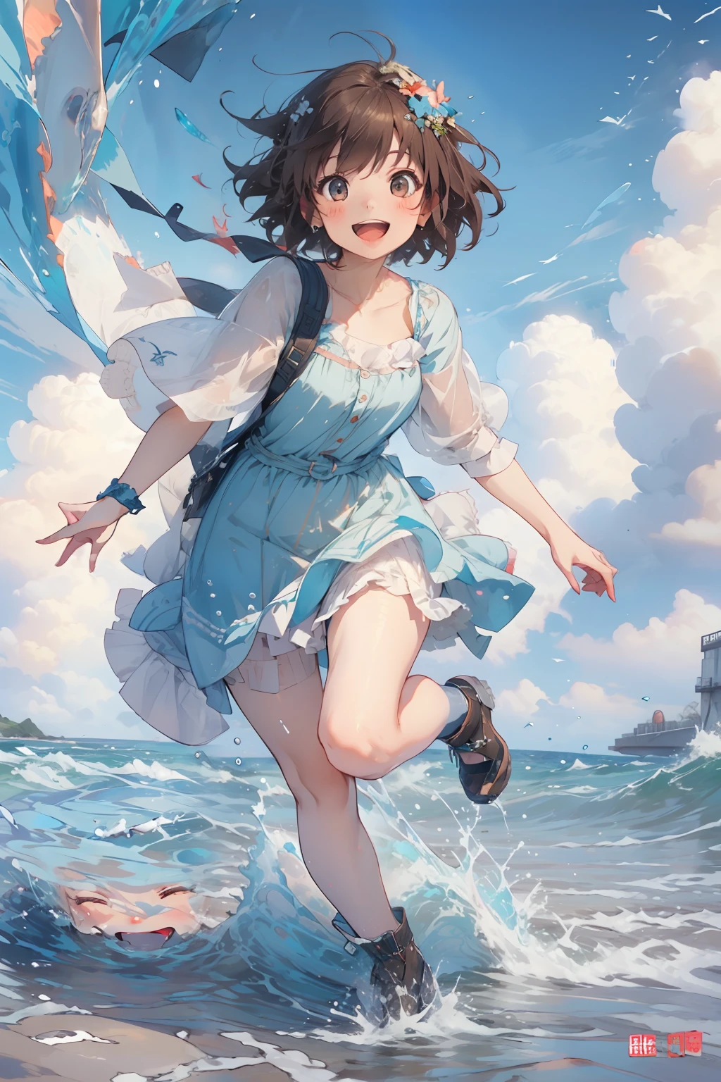 girl with、10 talents、Playing in the sea、Happy look、brown haired、short-hair、A smile、Mouth open、Do not draw the tongue、​masterpiece、top-quality、beautiful countenance、detail portrayal、fullllbody, long focal、Composition with depth、