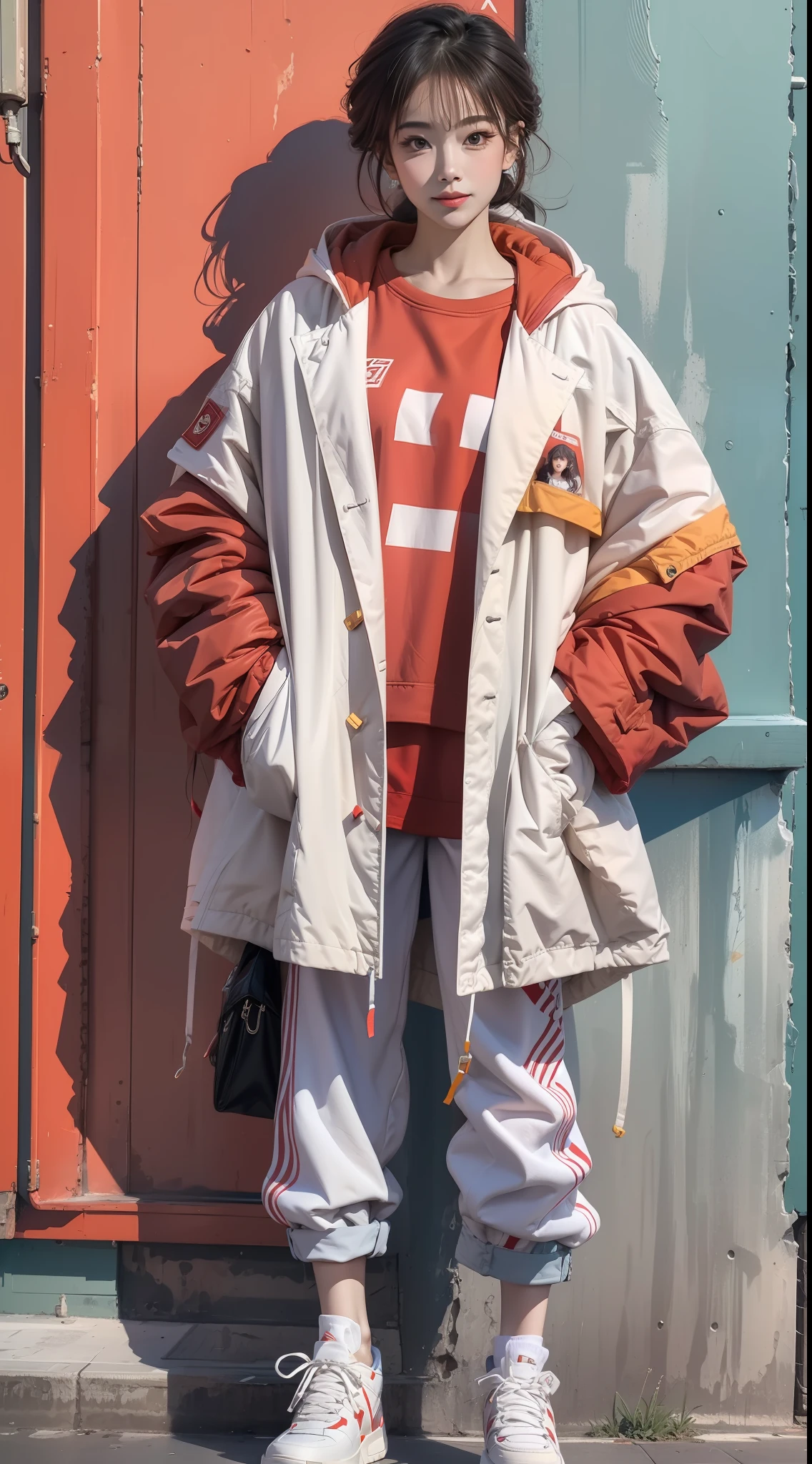 Kizi,Wear a jacket and red shoes, Sexy exaggerated handsome action,Red and white sweatshirt trench coat,Sideways photo,fully body photo,Colorful color scheme,Trendy clothing,Leave white space above the image,Columnar patch background,Geometric pattern stitching background