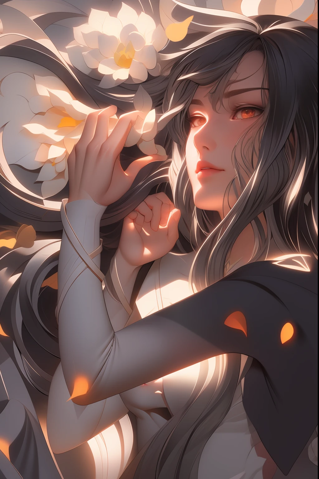 anime girl with long hair and white dress holding a flower, detailed digital anime art, extremely detailed artgerm, artgerm. high detail, artgerm. anime illustration, digital art on pixiv, artgerm detailed, digital anime art, advanced digital anime art, alphonse mucha and rossdraws, artgerm on artstation pixiv,, beautiful line art, detailed manga style, extremely fine ink lineart,exquisite line art, perfect lineart,exquisite line art, exquisite digital illustration, detailed digital drawing,digital anime illustration, a beautiful artwork illustration, detailed matte fantasy portrait, beautiful line art, great digital art with details, goddess. extremely high detail, 4k detailed digital art, stunning digital illustration, digital fantasy illustration,((Best quality)), ((masterpiece)), (detailed:1.4), 3D, an image of a beautiful female,HDR (High Dynamic Range),Ray Tracing,NVIDIA RTX,Super-Resolution,Unreal 5,Subsurface scattering,PBR Texturing,Post-processing,Anisotropic Filtering,Depth-of-field,Maximum clarity and sharpness,Multi-layered textures,Albedo and Specular maps,Surface shading,Accurate simulation of light-material interaction,Perfect proportions,Octane Render, Two-tone lighting,Wide aperture,Low ISO,White balance,Rule of thirds,8K RAW