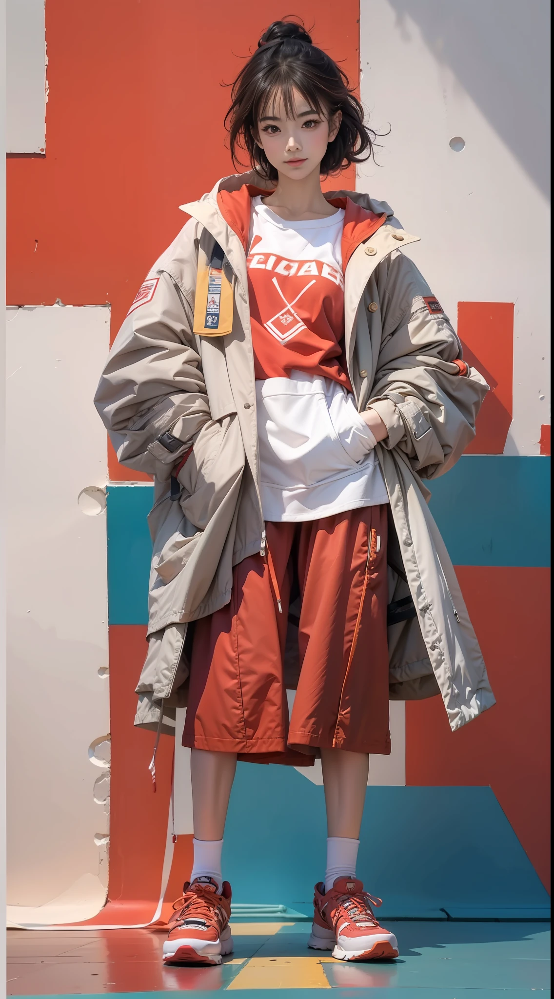 Kizi，Wear a jacket and red shoes, Dance movements，Red and white sweatshirt trench coat，Sideways photo，fully body photo，Colorful color scheme，Trendy clothing，Leave white space above the image，Columnar patch background，Geometric pattern stitching background