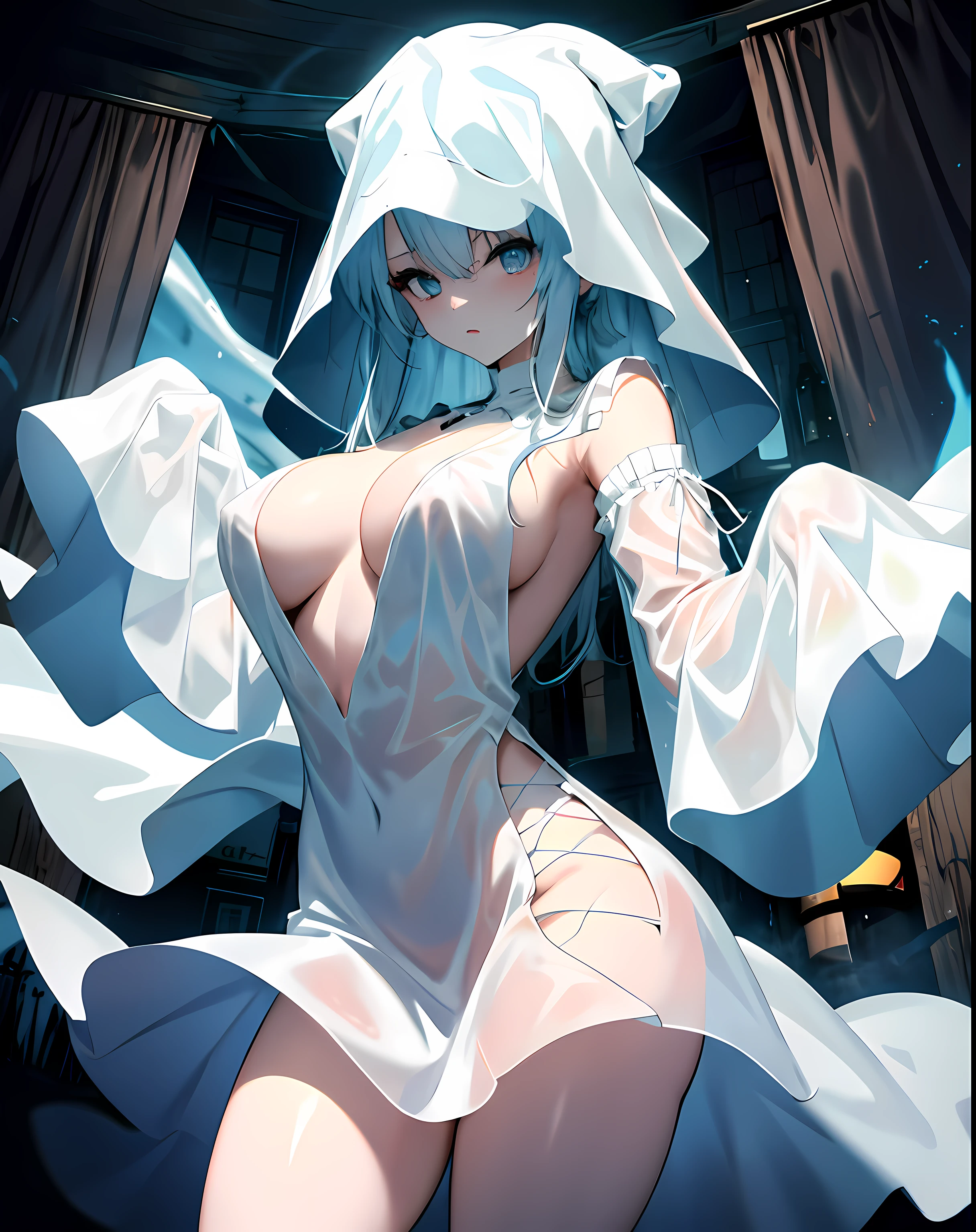 ghost costume, 1girl, large breasts,sleeves past wrists, bare_legs,cowboy shot, no_bar,no_panties