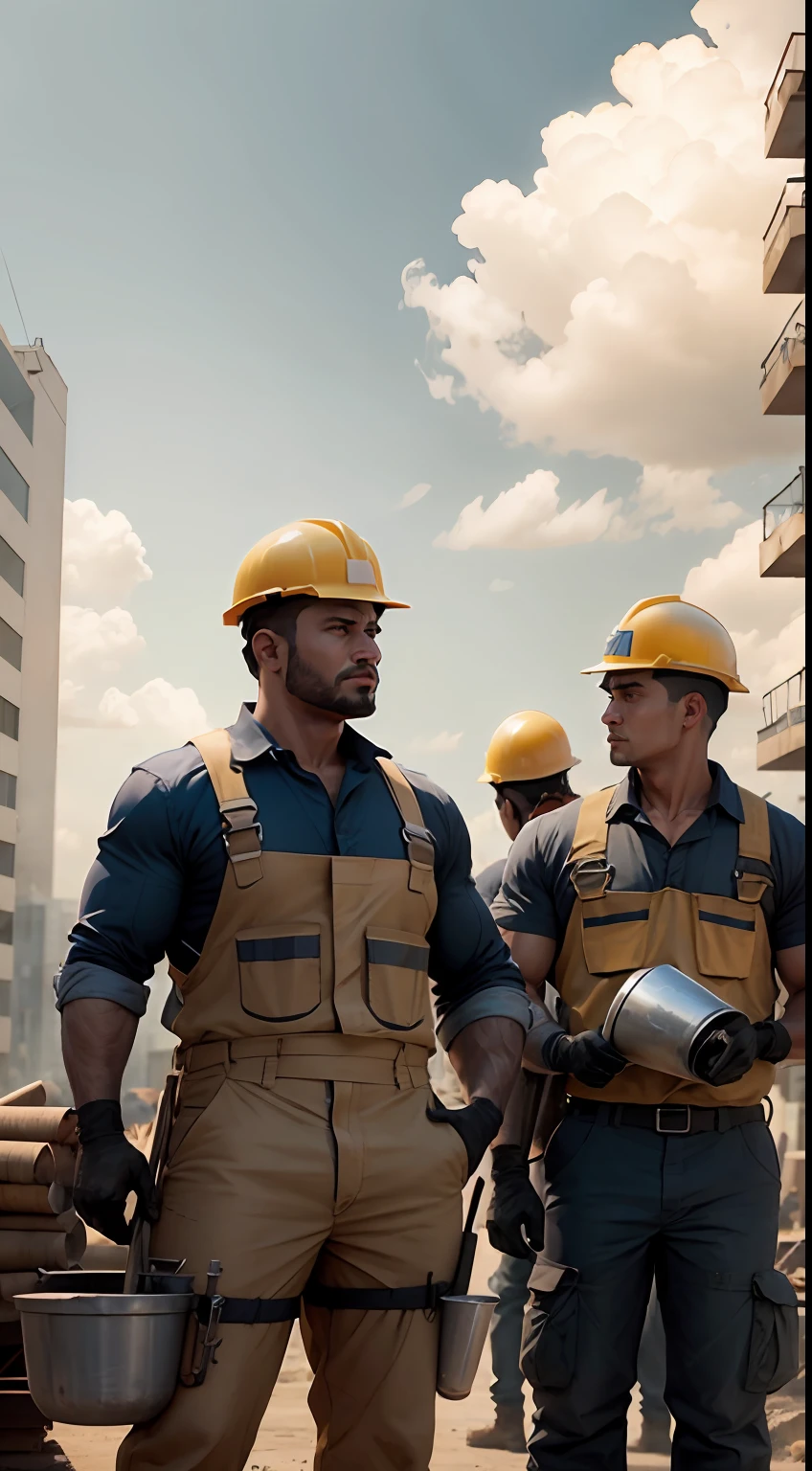 A group hardworking bulk male. Construction materials and equipments as focus of the content, Construction site background. --auto