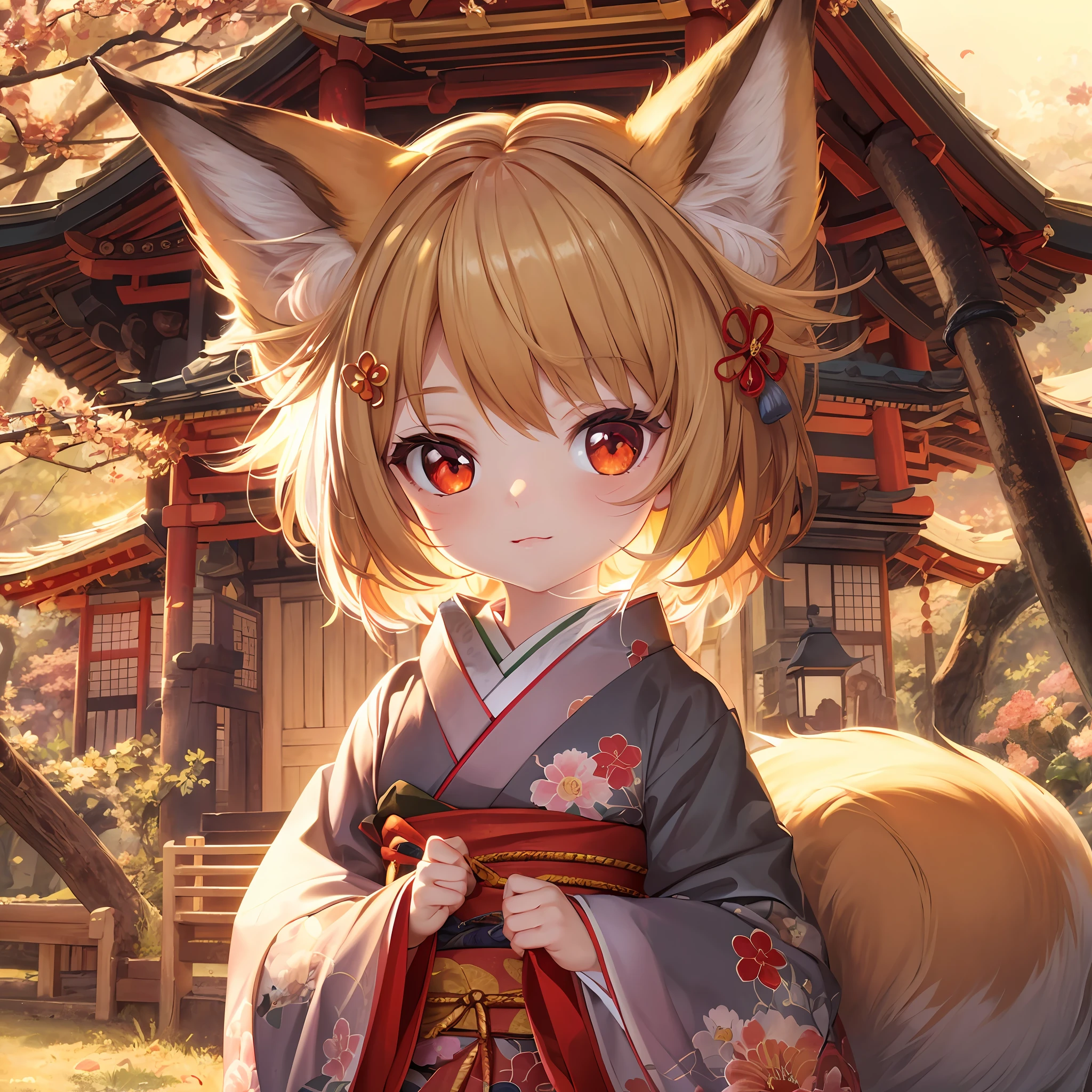 (Best quality), (masterpiece:1.3), (photorealistic:1.36), (realistic), ultra-detailed, Japanese Anime Style, Moe, ung girl, chibi, Big head, Tiny, This depicts a fox disguised as a female, dressed in off-the-shoulder kimono clothing, an golden fox with red eyes in the background, the twilight, stand on the land, Lateral, looking at viewer,