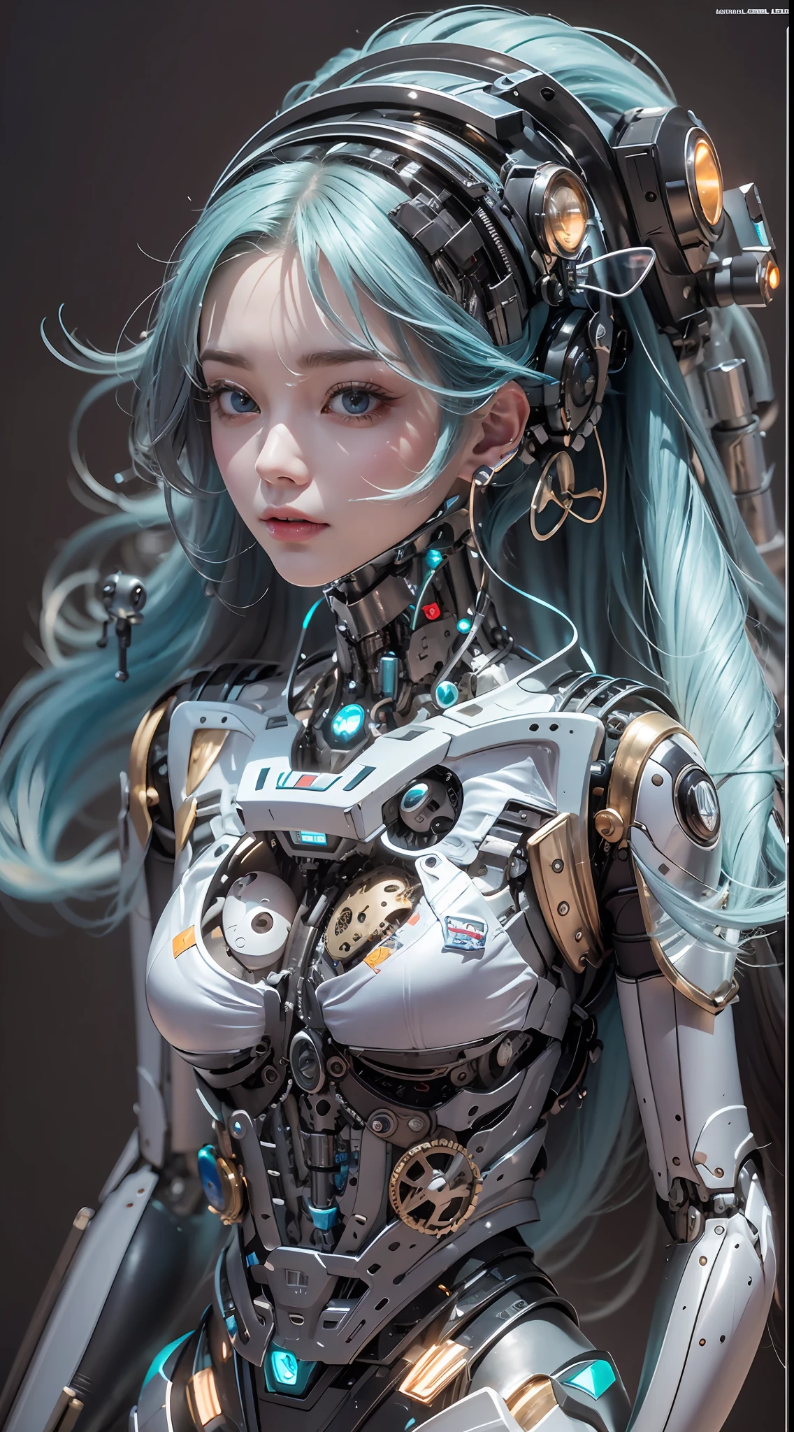 best qualtiy, tmasterpiece, Ultra-high resolution, Rendered with camera-like realism, real photograph,(((( A mechanical girl)))),((Solo)),(((full bodyesbian))),((Perfect facial features,delicated face)),((Clean face)),((There is nothing else on the face)), highly realistically detailed, Panoramic lighting effects, Fine and accurate shading representation, rendering by octane, 8K分辨率, Reveal vivid skin details, Representation of metallic materials, Depicting vacuum tubes、Liquid tubes、oil pressure gauges、glass tubes、Simulate details such as meters, Highlight the details of the gears, realism light effect, Face the audience's gaze,Mechanical components, The mechanical spine is attached to the back, Mechanical attachment attached to the neck,