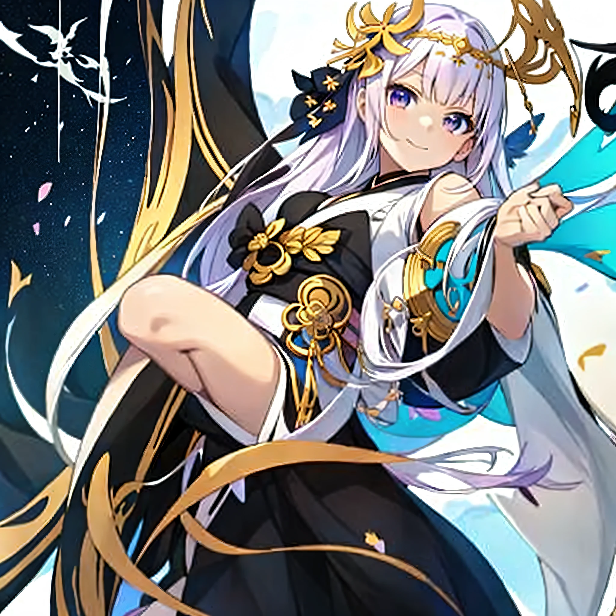 Anime girl in white and black costume standing on wooden deck, anime moe art style, Kantai Collection Style, a serene smile, azur lane style, Anime visuals of cute girls, Official art, Beautiful Anime Portrait, Beautiful anime girl, in a kimono, portrait onmyoji, Smooth Anime CG Art, Purple hair、charming anime girls, painted in anime painter studio, beautiful anime woman