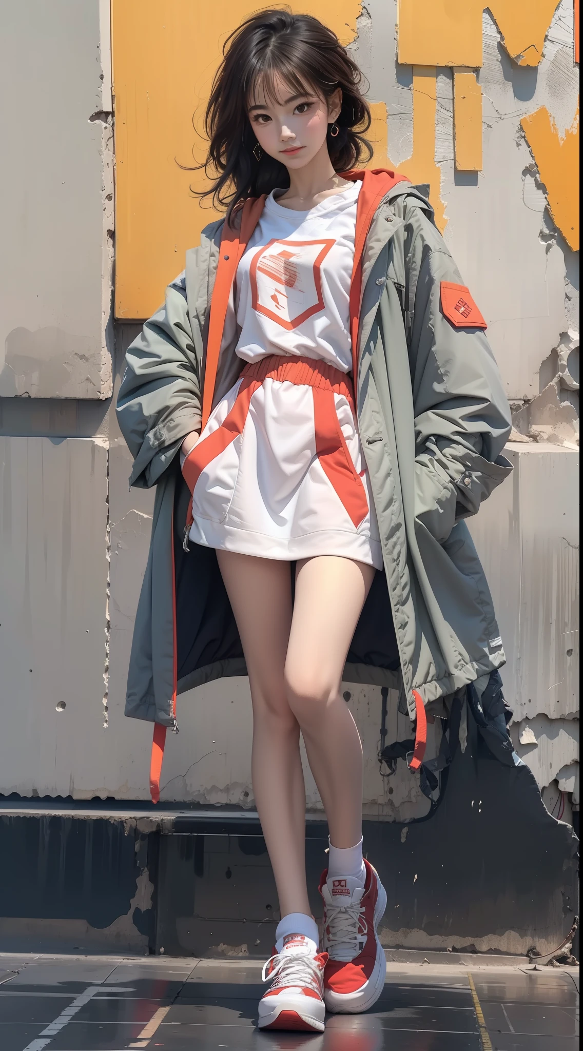 Kizi，Wear a jacket and red shoes, Dance movements，Red and white sweatshirt trench coat，Sideways photo，fully body photo，Colorful color scheme，Trendy clothing，Leave white space above the image，Columnar patch background，Geometric pattern stitching background