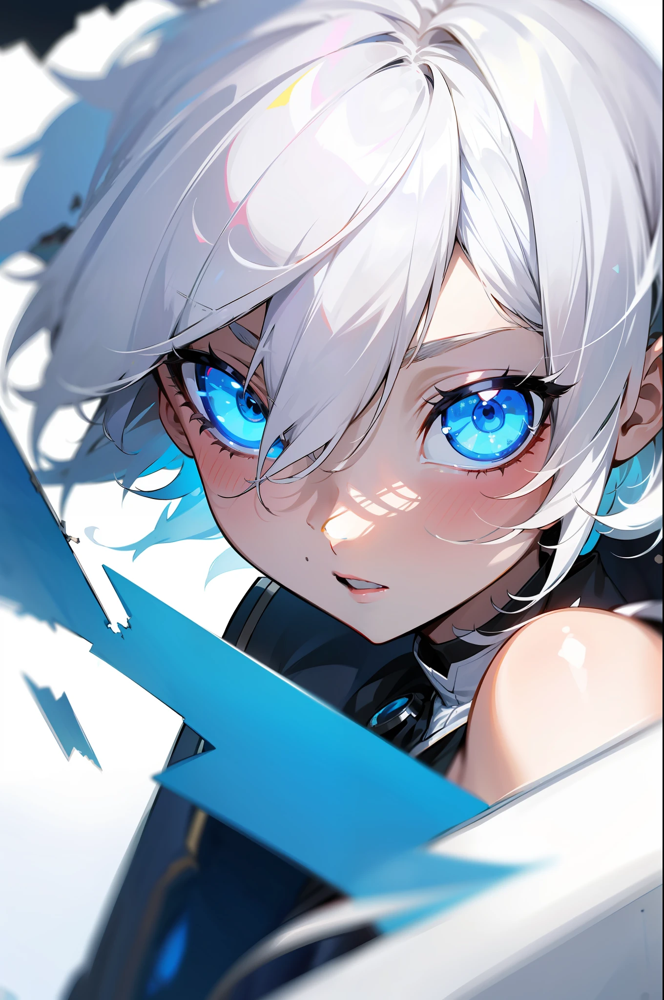 A large close-up of a short-haired teenager,The style of anime,messy hair,Broken hair,white color hair,Focus on the eyes,The deep blue eyes are rich in detail,Many scattered fragments,fluorescence,best qualtiy,8K