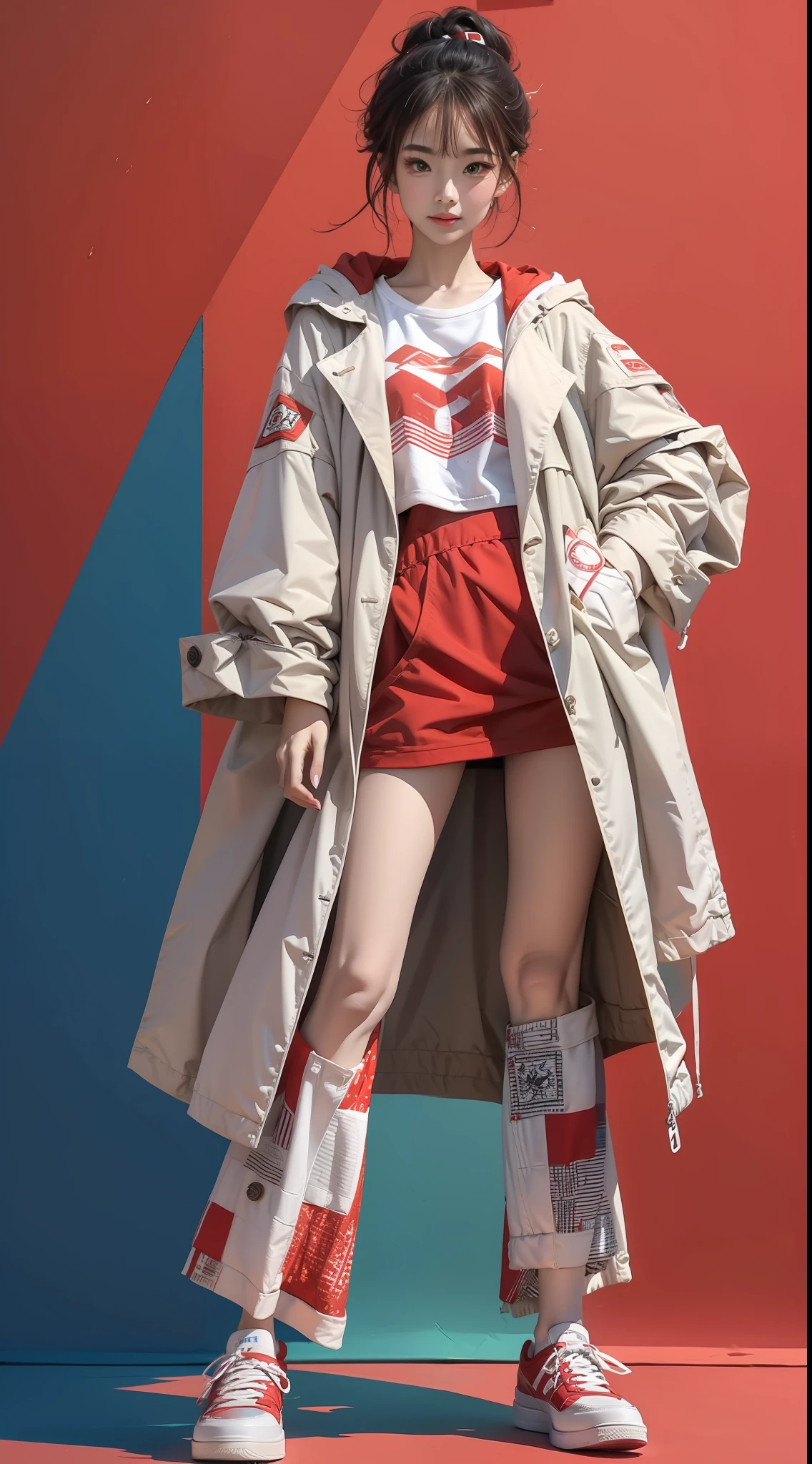 Kizi,Wear a jacket and red shoes, Dance movements,Red and white sweatshirt trench coat,Sideways photo,fully body photo,Colorful color scheme,Trendy clothing,Leave white space above the image,Columnar patch background,Geometric pattern stitching background